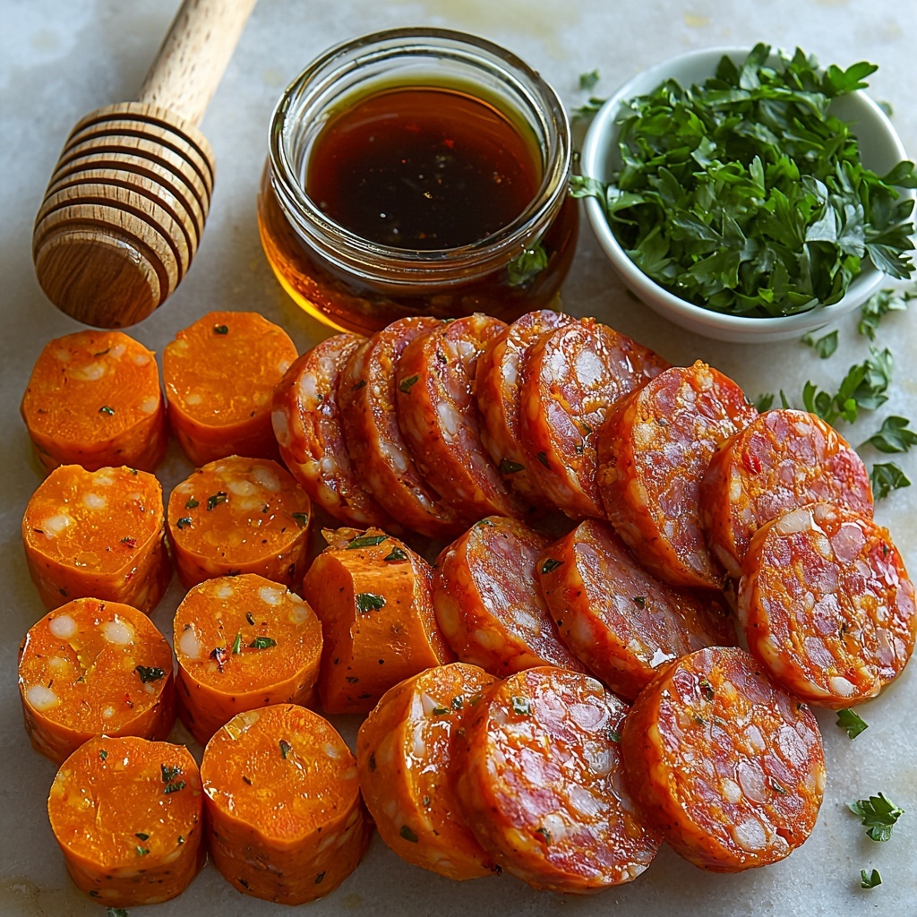 Smoked sausage sliced into thick coins, vibrant orange cubed sweet potatoes peeled and fresh, golden honey in a small glass jar with honeycomb texture, minced garlic cloves finely chopped, small bowl of dark soy sauce with glossy surface, two tablespoons of olive oil in a clear glass container showing rich green-gold color, fresh bright green chopped parsley scattered thoughtfully on the side, all ingredients arranged neatly with some overlapping for natural layering on a clean white marble surface with subtle veining, soft natural daylight highlighting the warm colors and different textures, slight shadows for depth, minimal rustic kitchen props like a wooden spoon and small white ceramic bowls to enhance composition, emphasis on vivid colors and fresh ingredients, overhead shot, top down view, flat lay photography, professional food styling --ar 1:1 --q 2 --s 750 --v 6.1