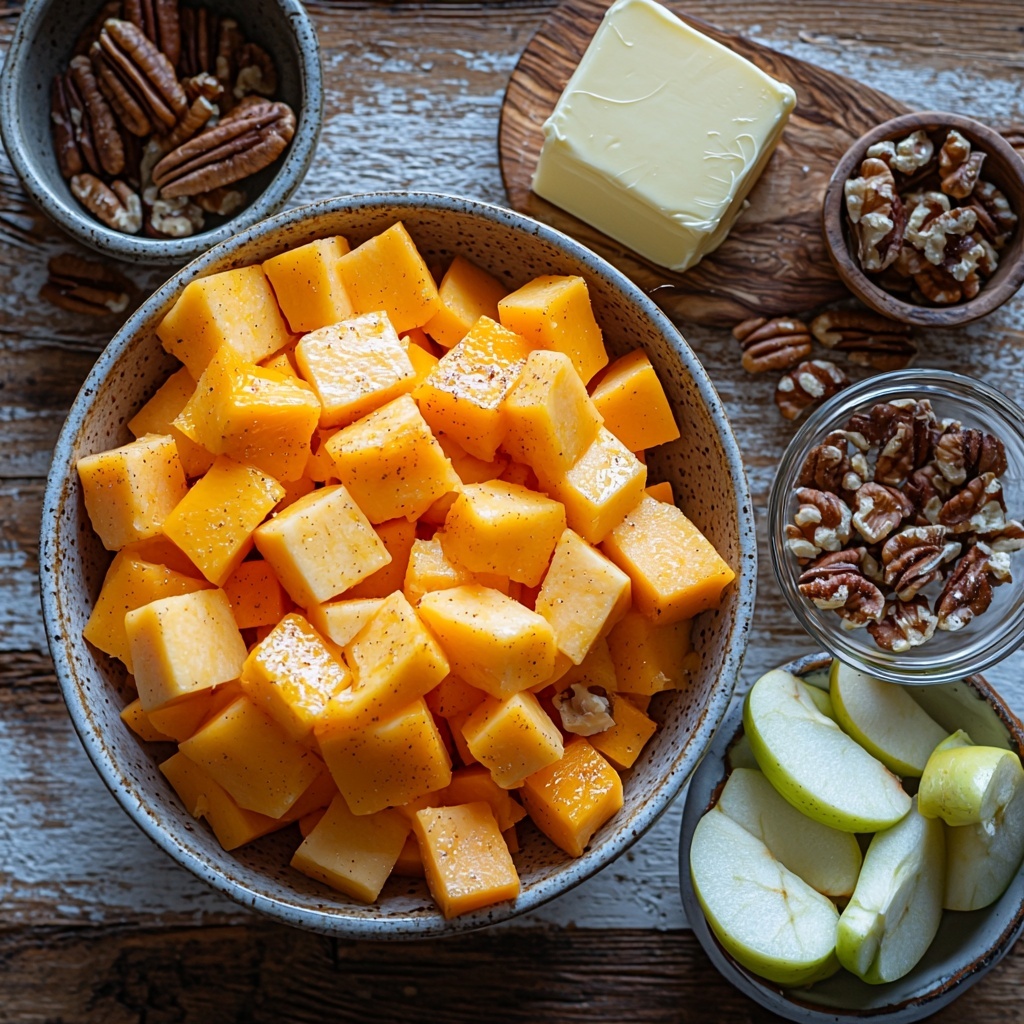 A clean white wooden surface arranged with fresh autumn ingredients for a Butternut Squash Apple Bake: bright orange cubed butternut squash pieces in a small rustic bowl, a mix of whole Granny Smith and Honeycrisp apples—some sliced into wedges showing their crisp green and red skins and juicy interiors, a small glass bowl of golden brown sugar crystals, a vintage butter dish with smooth unsalted butter, cinnamon and nutmeg in tiny ceramic spoons highlighting their warm brown and earthy tones, a small bowl of chopped walnuts and pecans displaying their rich texture, all elements spaced evenly with natural soft daylight casting gentle shadows, warm and cozy autumnal tones, minimal props to keep the focus on ingredients’ natural colors and textures, fresh and inviting flat lay food styling with subtle hints of rustic charm, overhead shot, top down view, flat lay photography, professional food styling --ar 1:1 --q 2 --s 750 --v 6.1