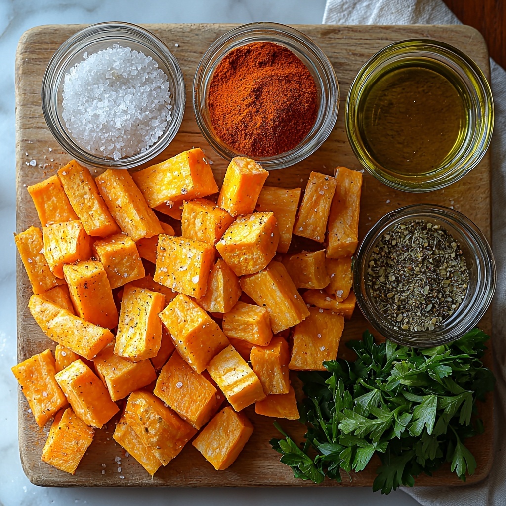 Sweet potatoes peeled and cut into uniform 1/4-inch fries with vibrant orange hues, scattered casually on a clean white marble surface; a small rustic ceramic bowl filled with golden olive oil glistening under soft natural light; an array of small glass bowls neatly arranged in a semi-circle containing rich, earthy red smoked paprika powder, pale beige garlic powder, fine off-white onion powder, muted green dried oregano, dried thyme with delicate leaf texture, fiery red cayenne pepper, coarse black ground pepper, and sparkling white fine sea salt crystals; a small pile of freshly chopped bright green parsley with crisp leaves placed beside the spices; subtle shadows enhancing the contrasting textures of smooth sweet potato flesh, coarse spice powders, and glossy oil; minimalistic styling with a neutral linen napkin folded softly at the edge, light wood cutting board partially visible beneath the fries for warmth; all ingredients intentionally spaced to create visual balance and inviting color harmony. Overhead shot, top down view, flat lay photography, professional food styling --ar 1:1 --q 2 --s 750 --v 6.1
