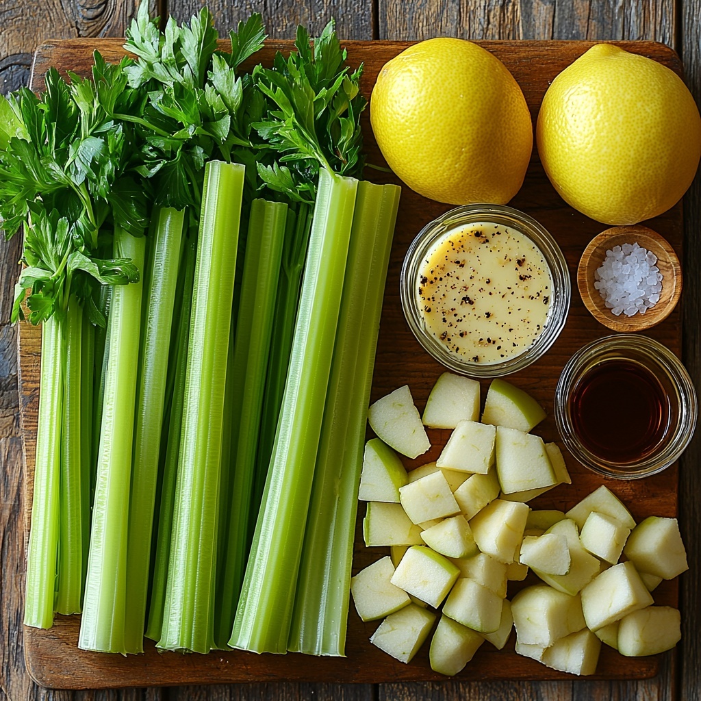 A clean, light wooden surface arranged with fresh ingredients for a celery apple salad: a large bunch of bright green celery stalks partly whole and partly thinly sliced into bite-sized pieces, crisp honeycrisp apples sliced thinly with vibrant red and yellow skin visible, a small pile of delicate, shaved pale yellow gruyere cheese curls, a small clear bowl containing a golden lemon vinaigrette with visible droplets of olive oil, a halved bright yellow lemon showing juicy flesh, a small glass dish with glossy olive oil, a tiny white bowl with smooth white wine vinegar, a small wooden spoon holding amber maple syrup, a small heap of mustard-colored dijon mustard in a miniature bowl, and small piles of coarse salt and cracked black pepper scattered artfully. The celery leaves chopped finely to one side as garnish add a fresh herbal green touch. The ingredients are spaced evenly with natural soft daylight casting gentle shadows, highlighting the varied textures: crisp celery ribs, shiny apple skin, creamy cheese ribbons, and smooth liquids. Subtle rustic props like a linen napkin and wooden utensils complete the composition, conveying freshness and simple elegance. Overhead shot, top down view, flat lay photography, professional food styling --ar 1:1 --q 2 --s 750 --v 6.1