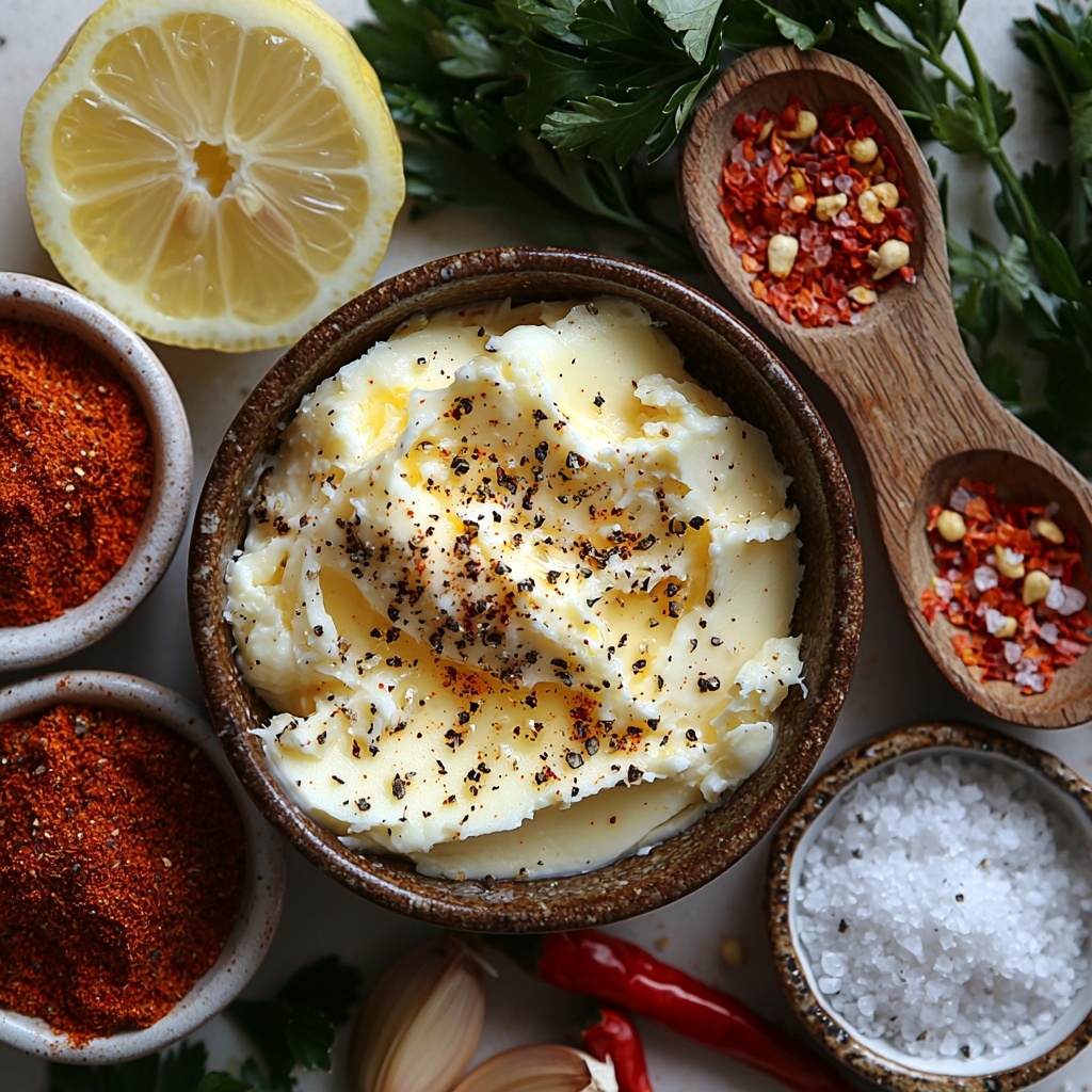 unsalted butter partially melted in a small glass bowl, several cloves of fresh garlic finely minced and some whole cloves scattered nearby, a small wooden spoon holding vibrant reddish-brown Cajun seasoning, a tiny white ceramic dish with bright smoked paprika powder, delicate crushed red pepper flakes loosely spread on the surface, a sprinkling of fine onion powder on a rustic spoon, a small wedge of fresh lemon with visible juice droplets, a few sprigs of freshly chopped green parsley artfully arranged, coarse sea salt crystals scattered lightly for texture, all ingredients carefully spaced on a clean, matte white surface to emphasize contrasting colors and textures, subtle natural lighting highlighting the buttery richness and vibrant spices, minimal shadows, clean and inviting aesthetic, overhead shot, top down view, flat lay photography, professional food styling --ar 1:1 --q 2 --s 750 --v 6.1