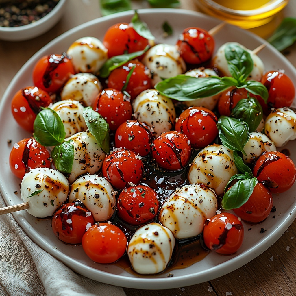 Cherry tomatoes halved vibrant red with glossy skins, mini mozzarella pearls smooth and creamy white, fresh bright green basil leaves with delicate veins, short wooden skewers light natural wood, small glass bowl of dark glossy balsamic vinegar glaze with honey sheen, tiny pile of coarse sea salt crystals, small dish of golden honey or maple syrup, fresh cracked black pepper specks scattered, drizzle of extra-virgin olive oil with a shimmering golden hue on white ceramic plate; ingredients carefully arranged on a clean light wooden surface in neat clusters and lines, colors vivid and contrasting, textures clearly visible with sharp focus; natural soft daylight illuminating scene from side, gentle shadows emphasizing shapes, minimalistic style with rustic charm, subtle styling props like linen napkin in warm neutral tones nearby, overhead shot, top down view, flat lay photography, professional food styling --ar 1:1 --q 2 --s 750 --v 6.1