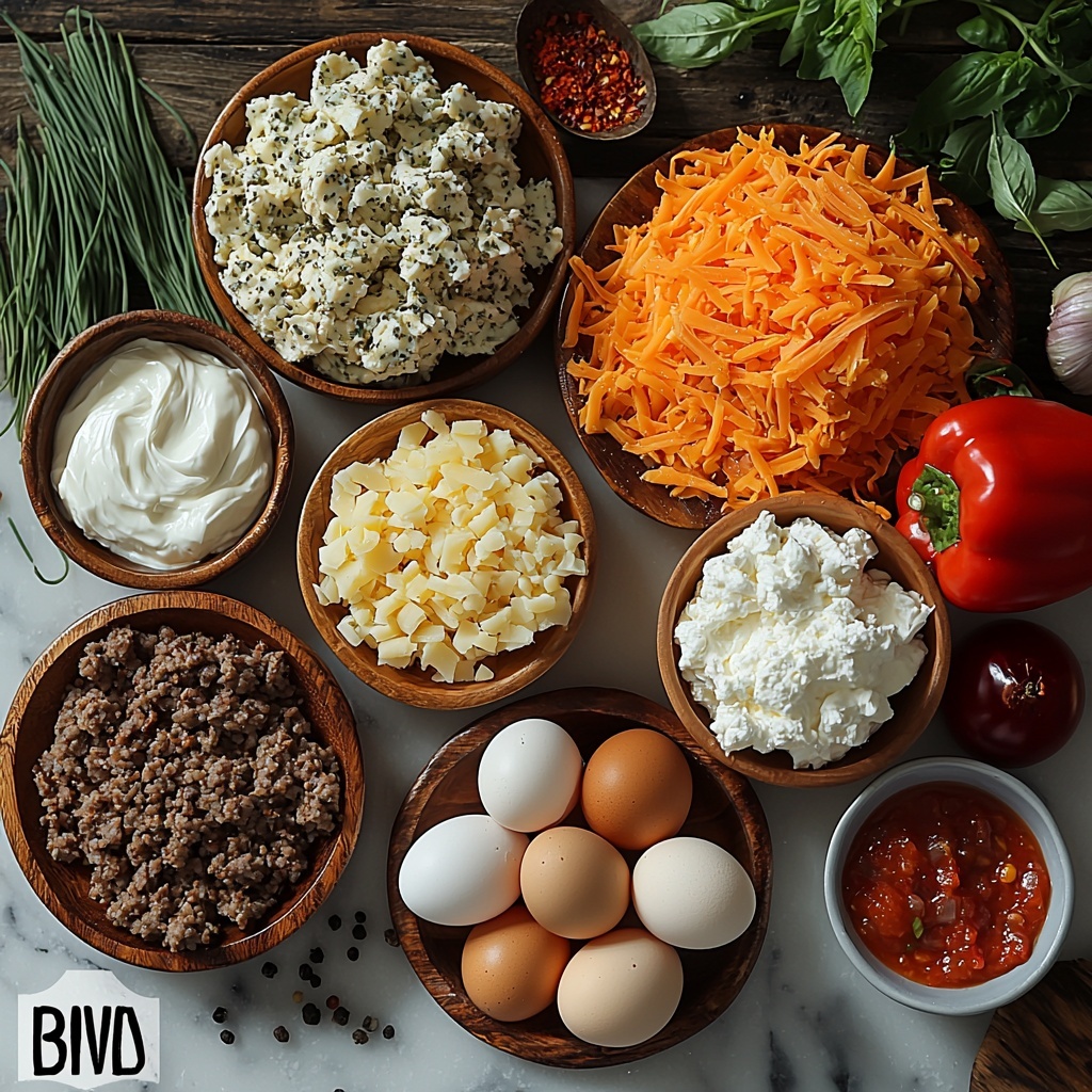 Breakfast sausage crumbled and browned, Italian or sage variety with rich brown tones and textured edges; thawed frozen hashbrowns with a pale golden color and rough shredded texture; large whole eggs in their smooth, light brown shells; a small bowl of whole milk, creamy white and glossy; sharp cheddar cheese shredded, vibrant orange-yellow with fine, wispy strands; softened cream cheese dolloped softly, smooth and creamy white; a medium onion diced into small translucent white pieces; chopped bell pepper in bright red and green chunks with glossy skin; minced garlic cloves finely chopped, ivory and slightly moist; small piles of salt and black pepper grains; a pinch of paprika with warm reddish-orange powder; a small dish of cayenne pepper powder, deep red and fine; fresh chives or green onions sliced thinly, bright green with a fresh, crisp look; small bowls of sour cream, silky and white; hot sauce or salsa in a small rustic bowl, deep red with textured chunks. All ingredients are neatly arranged on a clean white marble surface, spaced evenly to showcase colors and textures. Natural soft daylight from the side casts gentle shadows that enhance the ingredients’ natural textures. Minimal props, rustic wooden spoon and small ceramic bowls are included to add warmth and interest without distraction. Background uncluttered and bright, focusing on fresh, inviting ingredients. Overhead shot, top down view, flat lay photography, professional food styling --ar 1:1 --q 2 --s 750 --v 6.1