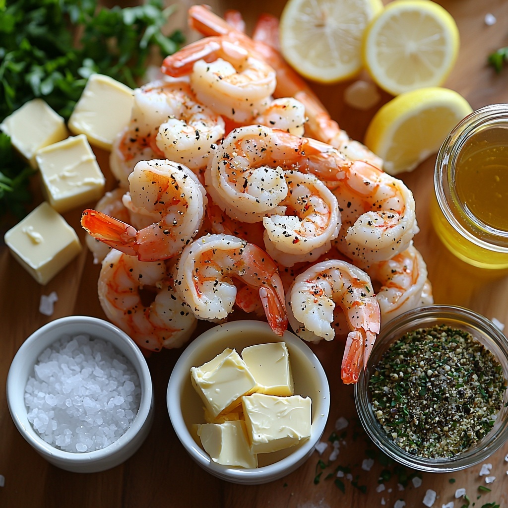 medium peeled and deveined shrimp arranged in a neat pile showing their subtle pink and grey tones, small white bowls containing kosher salt and freshly ground black pepper scattered nearby, several cubes and dollops of rich golden unsalted butter positioned to showcase creamy texture, a small bowl of minced garlic with fine white and pale yellow pieces, a clear glass container of light golden chicken stock, a small glass cup of freshly squeezed bright yellow lemon juice, finely chopped fresh parsley leaves spread delicately and some scattered loosely for a natural touch, all ingredients placed on a clean, neutral light wooden surface to enhance colors and textures, soft natural lighting highlighting the moisture on the shrimp and the gloss of the butter, minimal shadows, balanced composition with slight asymmetry for visual interest, rustic yet refined food styling emphasizing freshness and simplicity, overhead shot, top down view, flat lay photography, professional food styling --ar 1:1 --q 2 --s 750 --v 6.1
