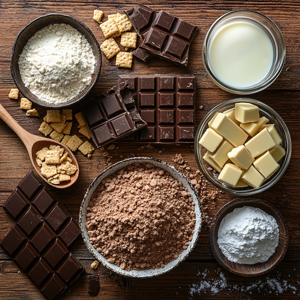 all-purpose flour in a small clear glass bowl with fine white powder texture, unsweetened natural cocoa powder in a rustic ceramic dish showing deep dark brown powder, golden graham cracker crumbs scattered loosely on a natural wood surface, broken graham cracker pieces arranged casually nearby with rough edges, milk chocolate bar segments stacked neatly with smooth shiny surfaces, light brown packed brown sugar in a wooden scoop showing grainy texture, white granulated sugar in a small white porcelain bowl sparkling under soft light, canola oil in a glass measuring cup with a clear golden liquid, buttermilk in a white ceramic jug with creamy off-white color, large brown egg and separate egg whites in a glass bowl showing translucent liquid, pure vanilla extract in a small amber glass bottle, cream of tartar and fine salt sprinkled lightly in tiny white dish, clean stainless steel whisk resting beside ingredients, all items spaced evenly on a clean natural wood table with soft natural daylight casting gentle shadows, styled with minimal rustic kitchen props like linen napkin and wooden spoons, colors contrasting warm browns, creamy whites, and glossy dark chocolate, textures ranging from powdery and grainy to smooth and glossy, emphasizing freshness and homemade appeal, overhead shot, top down view, flat lay photography, professional food styling --ar 1:1 --q 2 --s 750 --v 6.1