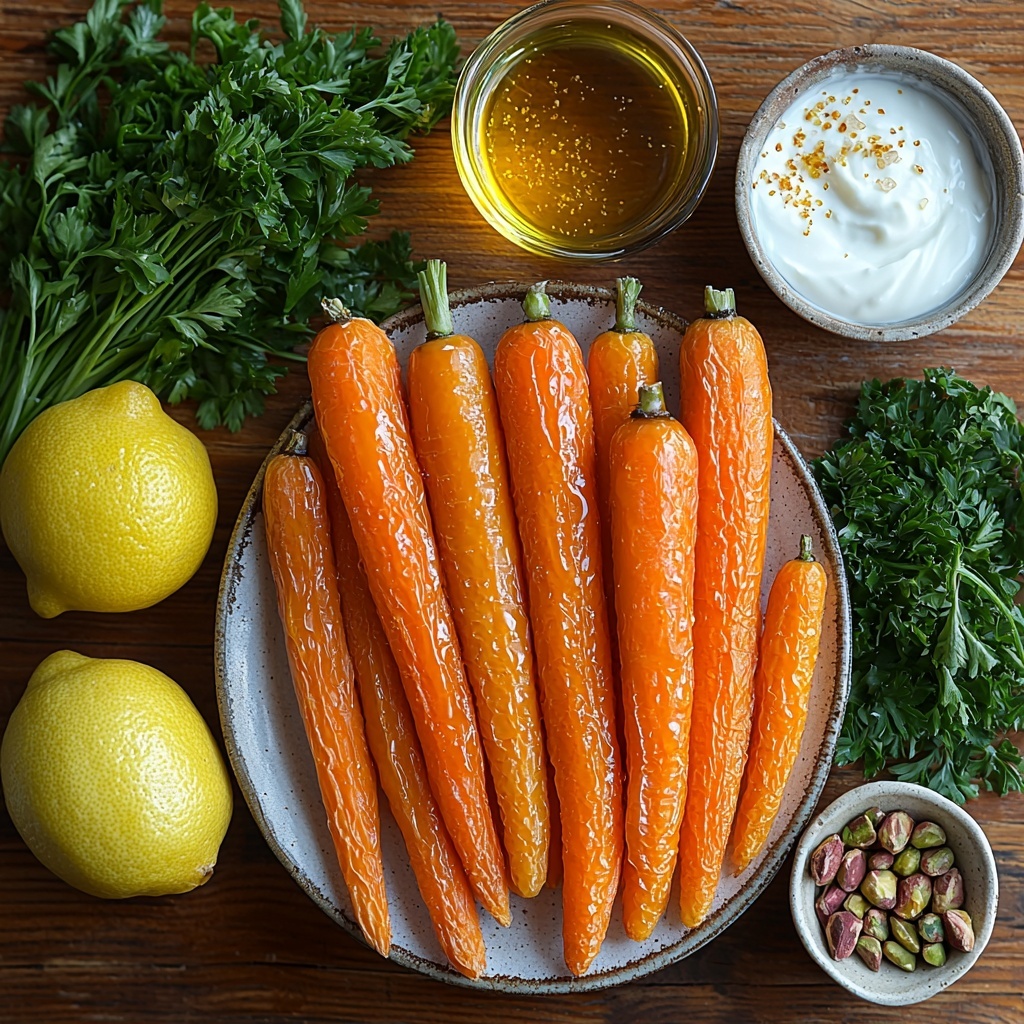 A bright and clean flat lay of fresh ingredients for hot honey roasted carrots arranged on a smooth, light wooden surface. Two pounds of vibrant orange carrots, peeled and cut into uniform half-inch thick, three-inch long pieces, placed neatly in a small rustic bowl and loose around it. A small glass bowl with golden amber hot honey glistening under soft light. A clear glass dish with shiny, rich green parsley leaves, loosely piled, some sprigs scattered organically nearby. A small white ramekin filled with creamy, thick plain Greek yogurt, showing its smooth texture. A fresh half lemon, bright yellow with visible texture on the rind and juicy pulp. A small ceramic bowl containing pale golden olive oil with a reflective surface. Tiny piles of pinkish-red salt crystals, coarsely ground black pepper specks, and fine garlic powder on a white porcelain plate arranged side by side. A few shelled green pistachios scattered artfully with chopped parsley and a small heap of vibrant red pepper flakes adding pops of color. The ingredients are spaced evenly with natural shadows, styled with minimal rustic props like a linen napkin edge or a wooden spoon handle partially visible for warmth and authenticity. The overall color palette is warm oranges, greens, yellows, and natural earthy tones, with textures ranging from smooth and creamy to rough and leafy, inviting and ready for cooking. Overhead shot, top down view, flat lay photography, professional food styling --ar 1:1 --q 2 --s 750 --v 6.1