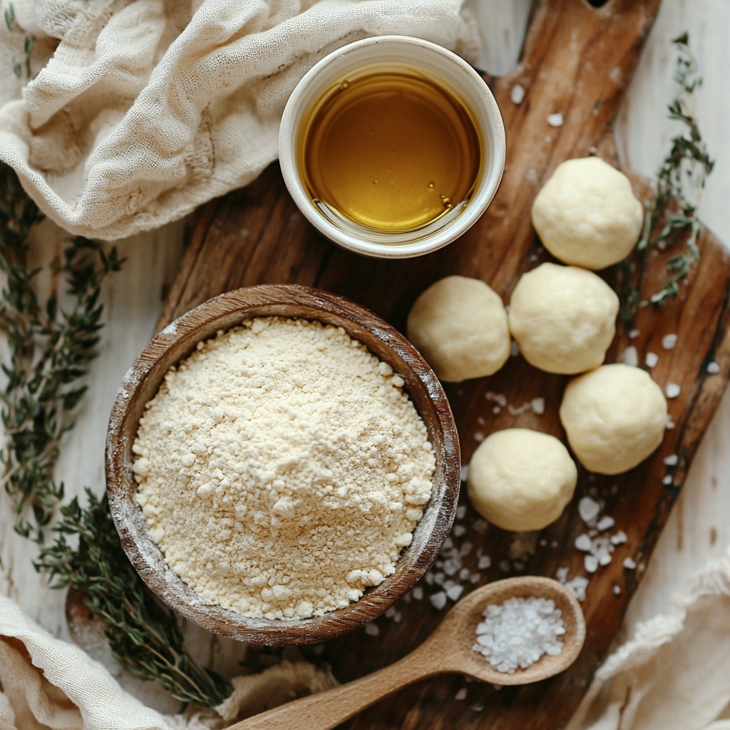 Whole wheat flour in a small glass bowl with a fine, powdery texture and warm beige color; a small white ceramic dish holding coarse salt crystals, off-white and slightly irregular; a clear measuring cup with warm water showing soft ripples and condensation; a small white ramekin filled with golden, glossy vegetable oil or ghee; dough balls of smooth, light brown dough arranged in a neat semi-circle on a rustic wooden board, showcasing their soft and elastic texture; a light, neutral-toned linen cloth softly draped nearby for contrast; all ingredients placed on a clean, matte white surface with natural light casting soft shadows, highlighting textures and warm tones, minimalistic and balanced composition, subtle props like a wooden spoon and rolling pin hinting at preparation, vibrant yet natural color palette, overhead shot, top down view, flat lay photography, professional food styling --ar 1:1 --q 2 --s 750 --v 6.1