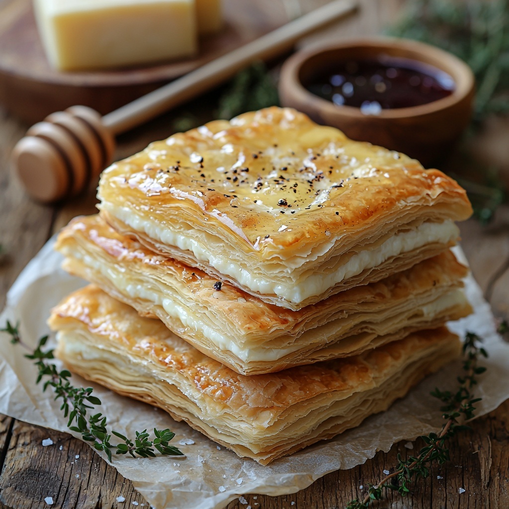 puff pastry sheets folded and stacked, golden pale beige with visible layers, small bowl of glossy rich golden honey with wooden honey dipper, wedge of creamy white brie cheese cut into bite-sized pieces showing smooth, soft texture, small bowl of deep purple fig jam with shiny, thick texture, fresh vibrant green thyme leaves scattered loosely and in a small heap, small rustic bowl with bright yellow egg yolk mixed with water showing glossy smooth surface, sprinkling of coarse flaky white sea salt crystals, all ingredients carefully arranged on a clean, light wood surface with natural warm tones, soft natural lighting highlighting textures and freshness, minimal shadows, space between each ingredient for clarity, subtle linen napkin folded neatly nearby for texture contrast, overhead shot, top down view, flat lay photography, professional food styling --ar 1:1 --q 2 --s 750 --v 6.1