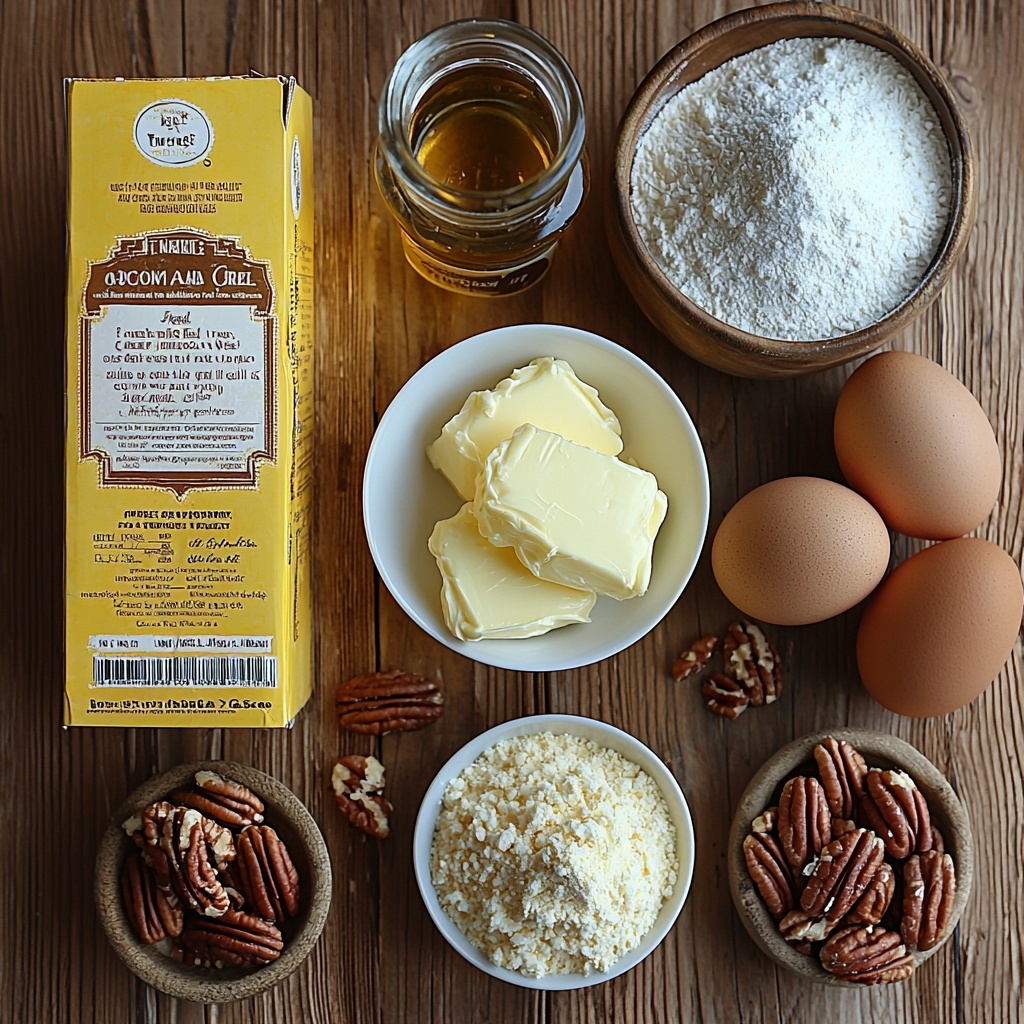 yellow cake mix box with bright yellow and white packaging, instant vanilla pudding mix packet in soft cream and yellow hues, four large brown eggs with smooth shells arranged neatly, a glass measuring cup with clear water, a small glass bottle of dark amber rum, a sleek bottle of light green avocado oil, a small rustic bowl filled with toasted golden-brown pecans, a stick of pale yellow unsalted butter wrapped partially in paper, a small mound of fine white granulated sugar on a simple white dish, a pat of butter on a natural wooden butter knife, scattered raw flour dust subtly sprinkled on the clean light wooden surface, warm natural daylight casting soft shadows, minimalistic and clean styling with ingredients spaced evenly to showcase their textures and colors, neutral tones with pops of yellow and brown, fresh and inviting look, crisp focus and bright exposure, overhead shot, top down view, flat lay photography, professional food styling --ar 1:1 --q 2 --s 750 --v 6.1