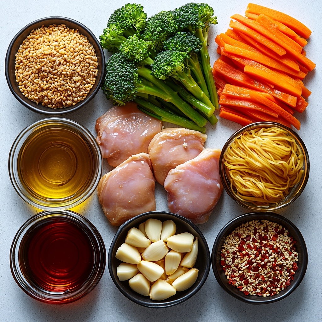 A bright, clean kitchen surface with a beautifully arranged flat lay of ingredients for Chicken Lo Mein. Centered are two small boneless skinless chicken breasts, pale pink and fresh. Nearby, small bowls hold a glossy soy sauce, light amber brown sugar crystals, golden cornstarch powder, and vibrant orange-red hot sauce. Three cloves of garlic are minced and scattered next to a tiny dish of toasted sesame oil, showing a deep golden hue. Fresh stir fry vegetables—bright green broccoli florets, orange carrot slices, red bell pepper strips, and snap peas—are grouped together, showcasing vivid colors and crisp textures. A neat bundle of golden-yellow lo mein noodles is coiled beside the chicken broth and beef broth in clear glass measuring cups, their light amber colors contrasting softly with the white wine in a small, elegant glass. Sprinkled lightly around are ground ginger and red pepper flakes adding warm brown and red accents. The ingredients are spaced with breathing room on a smooth white backdrop, capturing natural light that enhances the colors and textures for an inviting, fresh look. Overhead shot, top down view, flat lay photography, professional food styling --ar 1:1 --q 2 --s 750 --v 6.1