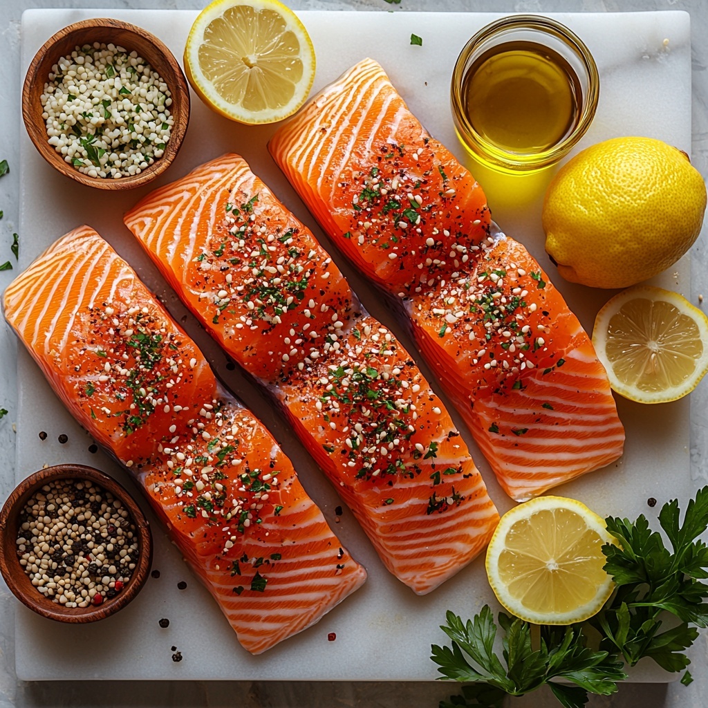 4 raw salmon fillets with vibrant pink-orange flesh and glossy skin, arranged neatly on a clean white marble surface; small wooden bowl filled with coarse za’atar spice blend showcasing green herbs and toasted sesame seeds; a small glass dish of golden olive oil catching soft light; whole bright yellow lemon with finely grated lemon zest scattered nearby along with a halved lemon showing juicy pulp; small ceramic bowl with coarse sea salt crystals and a tiny dish of freshly ground black pepper; mound of fluffy cooked couscous with light texture on a rustic white plate; fresh parsley sprigs and finely chopped parsley flakes sprinkled artfully around; natural, soft daylight highlighting colors and textures; clean, minimal background emphasizing freshness and vibrancy, gentle shadows for depth, elegant and balanced composition, overhead shot, top down view, flat lay photography, professional food styling --ar 1:1 --q 2 --s 750 --v 6.1