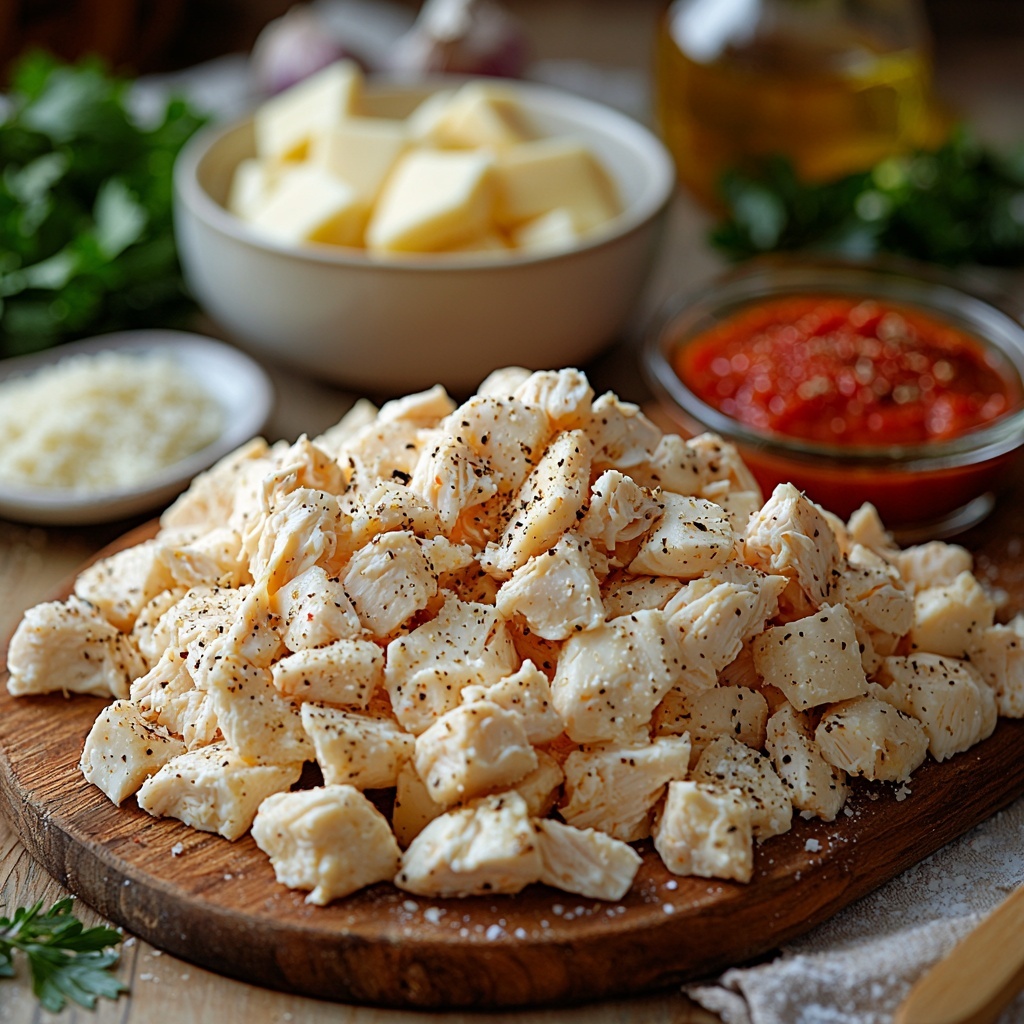 Refrigerated biscuit dough pieces arranged in a rustic small pile with soft, pale golden tones; shredded cooked chicken in a white ceramic bowl, tender and juicy with light brown and white flecks; vibrant red marinara sauce in a small glass bowl, thick and rich texture; shredded mozzarella cheese scattered loosely on a wooden cutting board, fluffy and creamy white; grated parmesan cheese in a small white ramekin, fine and powdery texture; melted butter in a small clear dish, golden and glossy; minced garlic fresh and finely chopped on a small white plate, bright off-white; fresh parsley leaves and finely chopped parsley scattered nearby, bright green and fresh; a small drizzle of olive oil pooling softly on the surface, olive green sheen; kosher salt and black peppercorns sprinkled sparingly around, adding texture contrast. All ingredients styled neatly with slight overlapping edges on a clean, light wood background with natural soft lighting, subtle shadows emphasizing textures, minimalistic and inviting composition, a few kitchen utensils like a silver teaspoon and a small wooden spoon casually placed to enhance storytelling. Overhead shot, top down view, flat lay photography, professional food styling --ar 1:1 --q 2 --s 750 --v 6.1