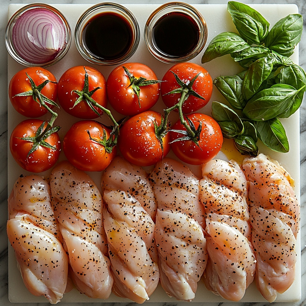 flat lay photography of fresh ingredients for low carb Caprese chicken bake arranged neatly on a clean white marble surface: vibrant red tomatoes on the vine grouped together, a small red onion thinly sliced into delicate rings fanned out beside them, four raw boneless skinless chicken breasts placed evenly spaced with a slight sheen of olive oil, small glass bowls containing rich golden olive oil and deep dark balsamic vinegar reduction, a cluster of four whole garlic cloves next to a small pile of minced garlic, a fresh 8 oz mozzarella ball sliced into eight even rounds arranged in a soft arc, bright green chopped fresh basil leaves scattered artfully nearby, and a small wooden spoon holding coarse sea salt sprinkled lightly around; vivid natural colors showcasing the reds, greens, whites, and earthy tones, textures of smooth mozzarella, glossy tomatoes, and rough sea salt emphasized by soft natural lighting with gentle shadows, styled with minimalist rustic props -- overhead shot, top down view, flat lay photography, professional food styling --ar 1:1 --q 2 --s 750 --v 6.1