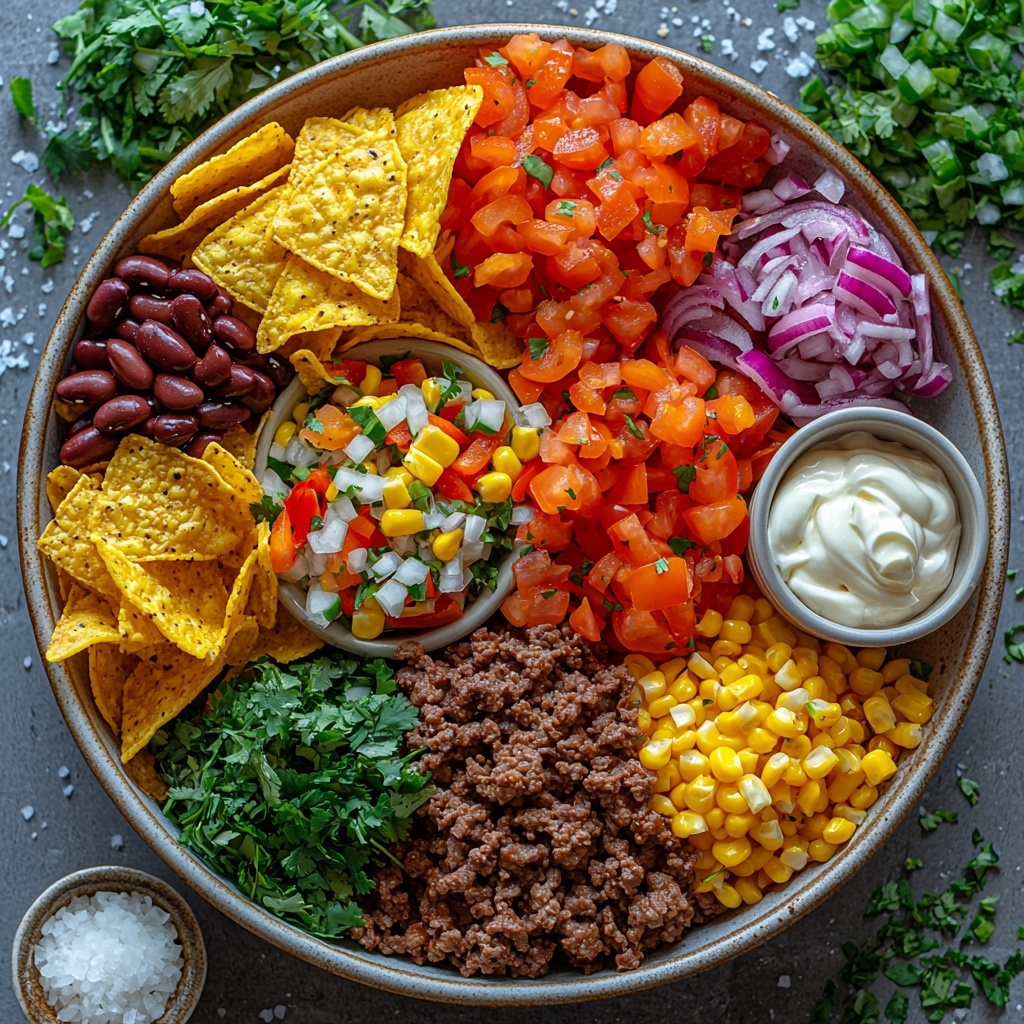 A vibrant flat lay of fresh and colorful taco skillet ingredients carefully arranged on a clean white surface. Ground beef portioned in a rustic bowl showcasing its rich, browned texture. Nearby, diced red and green bell peppers with bright, glossy skins, and diced white onion with translucent layers. A small heap of minced garlic cloves, plump black beans glistening with moisture, and golden yellow corn kernels neatly placed in separate small white bowls. A can of diced tomatoes with green chilies displayed with vivid red chunks and specks of green. A mound of shredded Mexican blend cheese showing creamy, melty strands with pops of orange and white. A dollop of smooth, thick sour cream in a small ramekin alongside thinly sliced green onions and freshly chopped cilantro sprinkled artfully. A handful of rustic, crunchy tortilla chips casually fanned out nearby. Scattered coarse salt and cracked black peppercorns add texture and seasoning details. Soft natural light enhances the vibrant colors and varied textures. Minimal props, clean lines, and a harmonious, balanced composition emphasize the freshness and diversity of the ingredients. Overhead shot, top down view, flat lay photography, professional food styling --ar 1:1 --q 2 --s 750 --v 6.1