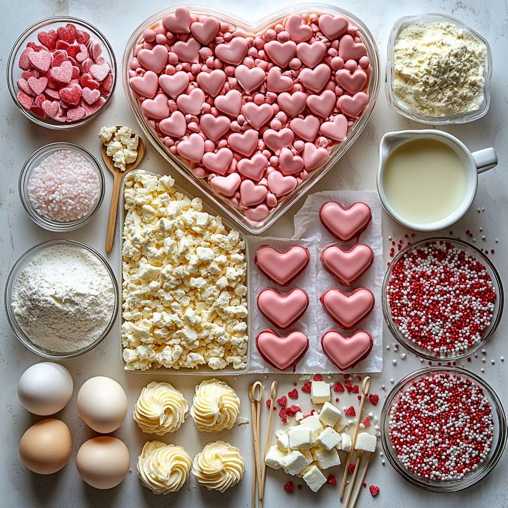vanilla cake mix box, eggs, clear glass bowl with softened unsalted butter, small bowl of powdered sugar, small dish with vanilla extract, measuring spoons, glass of milk, baked vanilla cake pieces crumbled in a large white ceramic bowl, heart-shaped silicone mold in red, pink, and white, lollipop sticks arranged neatly, three small bowls with red, pink, and white candy melts, small bowl with vegetable shortening, heart-shaped sprinkles in vibrant red and pink, small containers of edible glitter and colored sugar, white chocolate drizzle in a small glass pitcher, clean white surface background, ingredients spaced evenly with pops of red, pink, white colors creating romantic Valentine’s vibe, natural soft lighting highlighting creamy, powdery, and smooth textures, slight shadows for depth, a few scattered sprinkles and sugar crystals for visual interest, minimalist styling with modern crispness, overhead shot, top down view, flat lay photography, professional food styling --ar 1:1 --q 2 --s 750 --v 6.1
