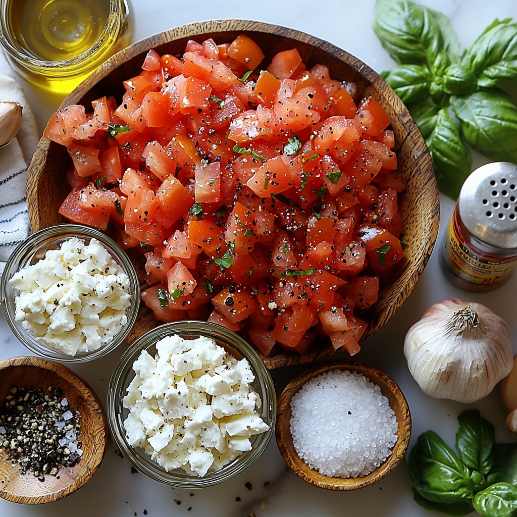 olive oil in a small glass bowl with a golden sheen, a medium onion peeled and roughly chopped showing white and purple layers, two cloves of garlic peeled and minced scattered beside the onion, a wooden bowl filled with bright red chopped fresh tomatoes alongside two small cans of diced tomatoes with vibrant labels, a clear measuring cup of rich vegetable broth with a warm amber tone, a ceramic bowl of creamy white cottage cheese with a smooth texture, a small white dish containing fine white sugar crystals, salt and pepper shakers with coarse salt and black peppercorns visible, fresh green basil leaves arranged delicately on the side for garnish, all ingredients thoughtfully spaced and artfully arranged on a clean white surface to highlight the vivid colors and contrasting textures, natural soft daylight illuminating the scene with gentle shadows for depth, minimalistic styling with subtle props such as a wooden spoon and linen napkin to add warmth, overhead shot, top down view, flat lay photography, professional food styling --ar 1:1 --q 2 --s 750 --v 6.1