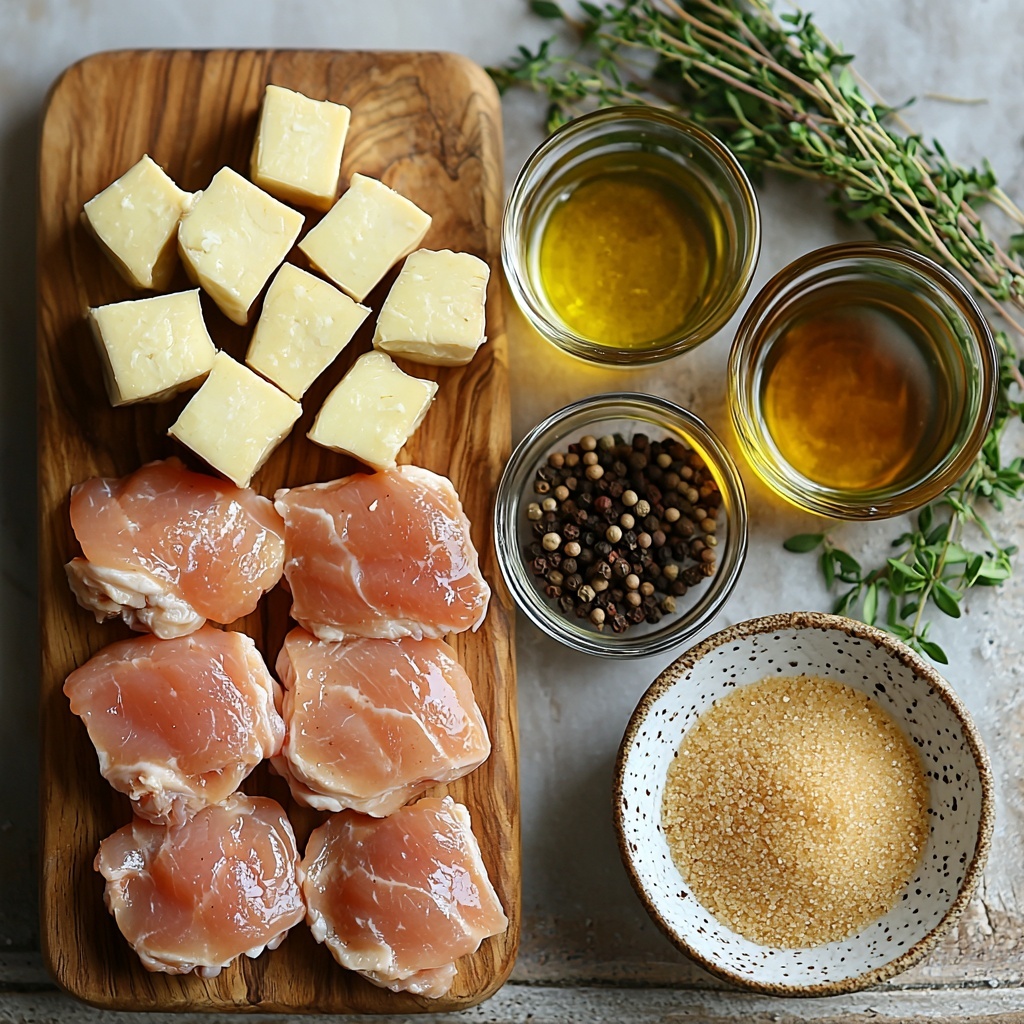 /Imagine prompt: A clean white marble surface neatly arranged with the main ingredients for teriyaki chicken thighs. On one side, raw boneless, skinless chicken thighs with a subtle pink hue, trimmed of excess fat and placed on a rustic wooden board. Nearby, a small white ceramic bowl filled with dark, glossy soy sauce shimmering under soft light. Next to it, a small heap of fine, golden brown sugar crystals catching the light’s sparkle. A tiny glass bowl with clear water reflecting a subtle shine. Fresh garlic cloves, peeled and finely minced, with their smooth white texture visible. A small pile of finely grated fresh ginger showcasing its fibrous, pale yellow strands. Two small bowls containing golden vegetable oil and deep amber sesame oil, their surfaces glistening. A pinch of coarse black pepper scattered delicately nearby, adding contrast. The overall arrangement is balanced and inviting, with warm natural lighting casting soft shadows that accentuate textures and colors. Minimalist styling with small green herb sprigs subtly placed for freshness, capturing an elegant, calm, and appetizing mood. Overhead shot, top down view, flat lay photography, professional food styling --ar 1:1 --q 2 --s 750 --v 6.1