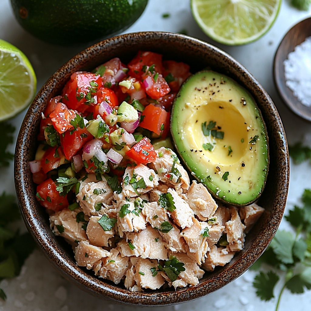 5 ounces drained Albacore tuna flakes in a small rustic bowl, creamy white mayonnaise in a tiny glass jar with a spoon, bright green fresh cilantro sprigs loosely scattered nearby, a halved lime with vibrant green flesh and juice droplets visible, a ripe avocado cut in half showing its creamy pale green flesh and textured dark green skin, a small bowl filled with colorful pico de gallo salsa featuring red tomatoes, white onions, and green herbs, a pinch of fine white salt sprinkled artfully on the surface, all ingredients arranged neatly on a clean white marble countertop with soft natural light enhancing the fresh colors and varied textures—highlighting smooth avocado, flaky tuna, and chunky salsa—composition balanced with negative space, minimal shadows, and subtle reflections for an inviting, fresh, and vibrant look, overhead shot, top down view, flat lay photography, professional food styling --ar 1:1 --q 2 --s 750 --v 6.1