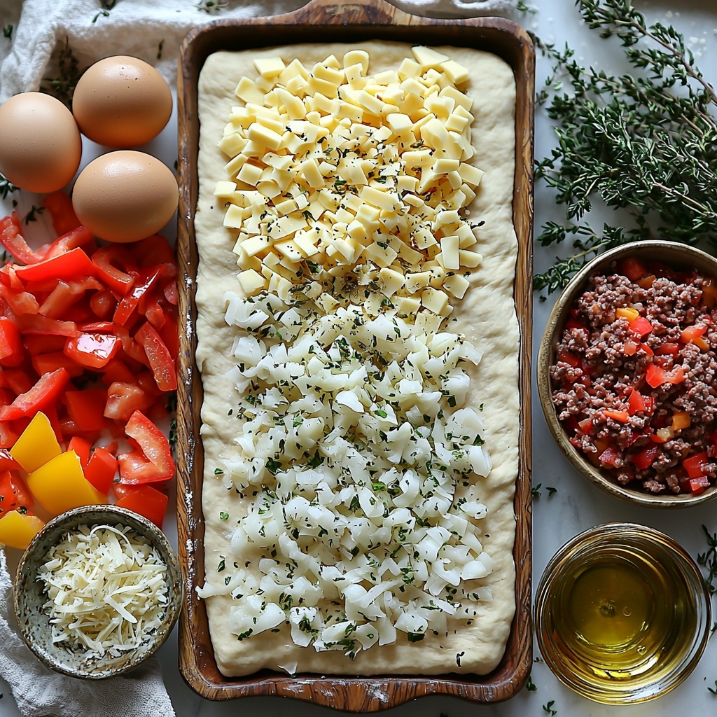 Thin crust pizza dough rolled out into a neat rectangular sheet dusted lightly with flour, raw ground beef in a small rustic bowl showing its deep red and marbled texture, a heap of shredded mozzarella cheese with soft white curls, bright orange-yellow shredded cheddar cheese, diced translucent white onions in a small glass bowl, minced garlic cloves with a fresh creamy white texture on a wooden spoon, vibrant sliced bell peppers in red, yellow, and green hues arranged in a small pile, glossy black sliced olives in a tiny ceramic bowl, a small pile of Italian seasoning herbs with green and dried leaf textures scattered artfully nearby, a cracked egg in a clear glass bowl showing golden yolk, a small dish with golden olive oil reflecting soft light — all arranged neatly on a clean white surface with soft natural lighting, minimal shadows, a few sprigs of fresh green herbs for garnish adding pops of color, subtle rustic props like a wooden spoon and linen napkin placed casually to frame the composition, emphasizing fresh textures and vibrant colors, overhead shot, top down view, flat lay photography, professional food styling --ar 1:1 --q 2 --s 750 --v 6.1