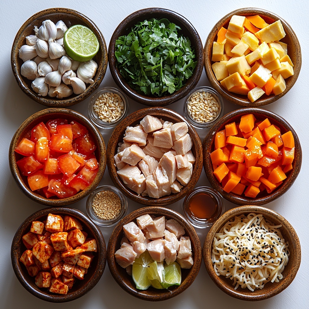 A clean white surface with all the main ingredients for a vibrant chicken stir fry artfully arranged in small rustic ceramic bowls and scattered loosely around; bright red finely minced chili, fresh pale yellow minced ginger, plump raw chicken breast cubes with a light pink hue, coarse sea salt crystals in a small dish, minced white garlic, fine white pepper powder, glossy dark brown soy sauce in a small jar, thick oyster sauce with a rich caramel color, a halved fresh lime showing bright green flesh, a small glass container of golden toasted sesame oil, light beige dried egg noodles loosely coiled, sliced chestnut mushrooms with their earthy brown caps and creamy stems, crisp bright green whole mangetout pods, chopped spring onions with vivid white and green segments, thin orange carrot matchsticks, sweet red bell pepper strips, a small dish of crushed toasted peanuts adding texture, and scattered ivory sesame seeds. The ingredients are composed to show a contrast of vibrant colors and natural textures with soft natural light, minimal shadows, and negative space around them on the clean surface. Overhead shot, top down view, flat lay photography, professional food styling --ar 1:1 --q 2 --s 750 --v 6.1