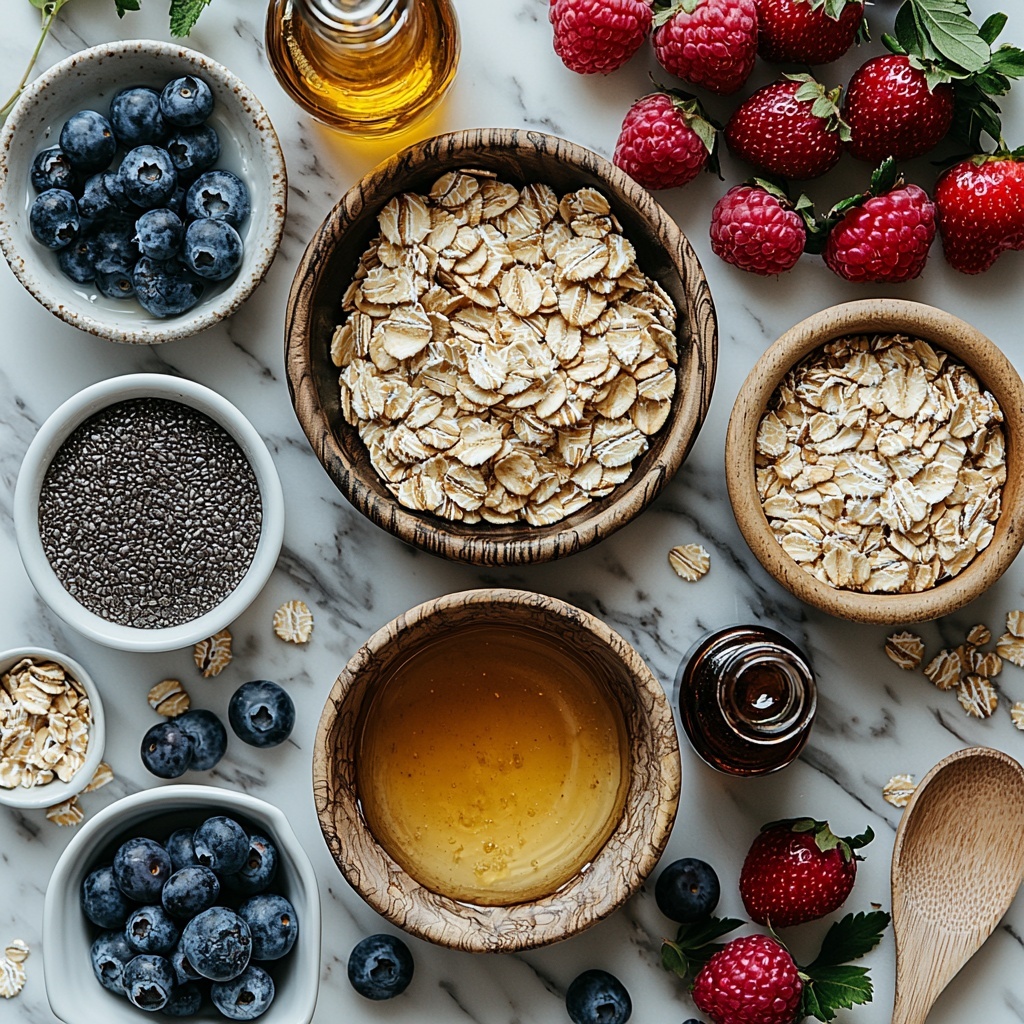 2 cups old-fashioned rolled oats in a rustic ceramic bowl, 1½ cups milk in a clear glass measuring cup, 2 large brown eggs in a small wooden bowl, 2 ripe bananas partially peeled with visible creamy yellow flesh, 2 tablespoons amber maple syrup in a small glass dish, 2 tablespoons melted coconut oil in a white ceramic ramekin, a small bottle of vanilla extract with a dropper, 1 teaspoon baking powder in a tiny white bowl, ¼ teaspoon kosher salt in a wooden salt cellar, a vibrant cluster of fresh mixed berries (blueberries, raspberries, strawberries) scattered artfully nearby. All ingredients arranged carefully on a clean white marble surface, natural soft daylight illuminating from the side, subtle shadows adding depth, selective focus on textures like the rough oats, shiny syrup, smooth banana peel, and plump berries. Minimal props with a neutral linen napkin and a wooden spoon placed casually for a cozy, inviting feel. Overhead shot, top down view, flat lay photography, professional food styling --ar 1:1 --q 2 --s 750 --v 6.1