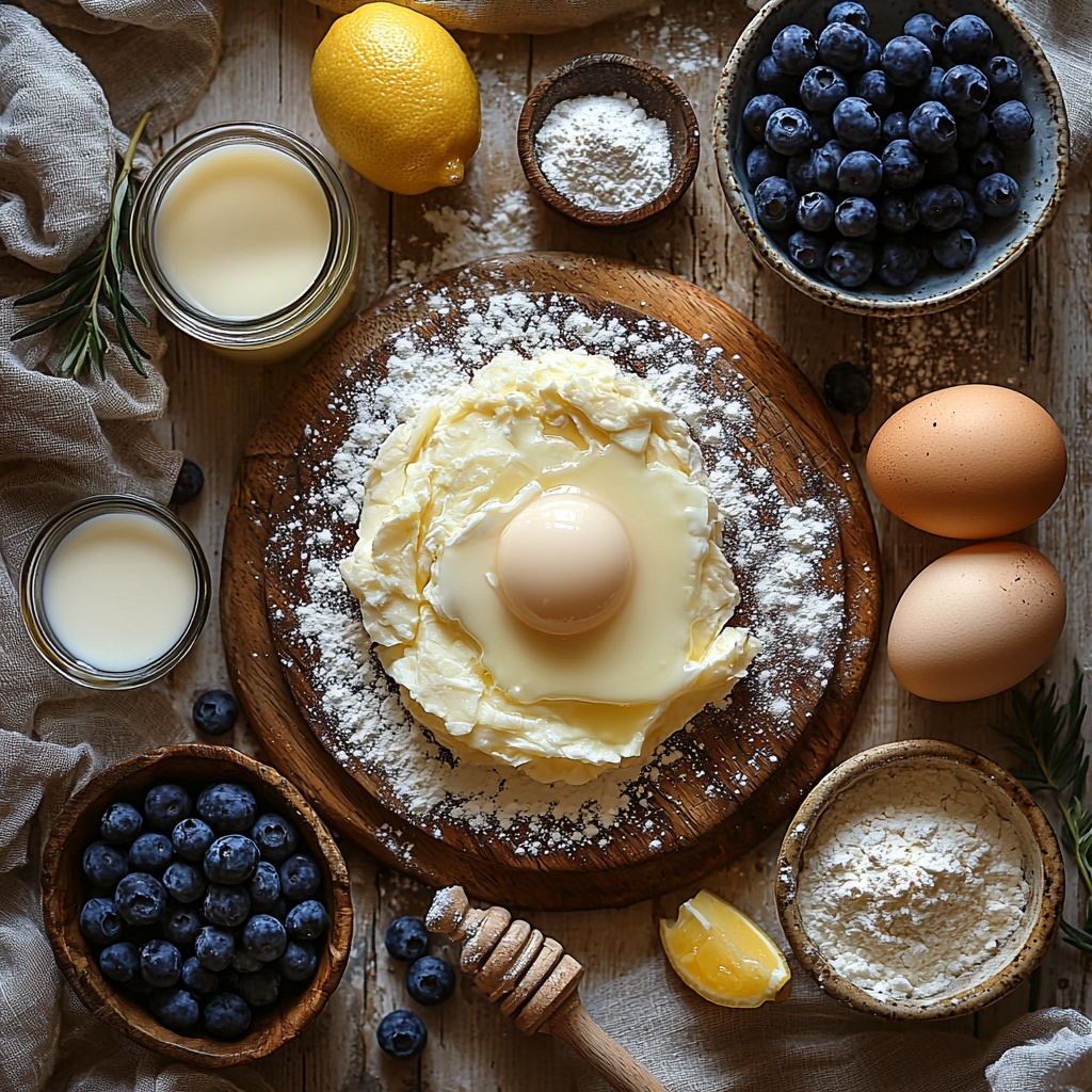 4 large eggs in a small ceramic bowl with smooth, glossy shells in warm brown tones; a clear glass measuring cup filled with whole milk showing creamy white liquid; a neat pile of fine, soft all-purpose flour on a white porcelain plate; two tablespoons of sparkling white granulated sugar elegantly heaped in a small glass container; a tiny glass jar of golden vanilla extract with a wooden lid beside fresh, bright yellow lemon zest curls arranged artfully on a rustic wooden board; a mound of plump, vibrant blueberries with deep indigo and royal blue hues spilling slightly from a small rustic bowl; three tablespoons of glossy, melted unsalted butter pooled on a white butter dish with a small gold spoon; scattered around are delicate dustings of powdered sugar and a small clear shot glass containing freshly squeezed translucent pale yellow lemon juice. All ingredients are carefully spaced on a clean, light-colored textured surface with natural soft daylight casting gentle shadows, enhancing colors and textures, styled with minimal props such as linen napkins and fresh green leaves to create an inviting, fresh, and artisanal feel. overhead shot, top down view, flat lay photography, professional food styling --ar 1:1 --q 2 --s 750 --v 6.1