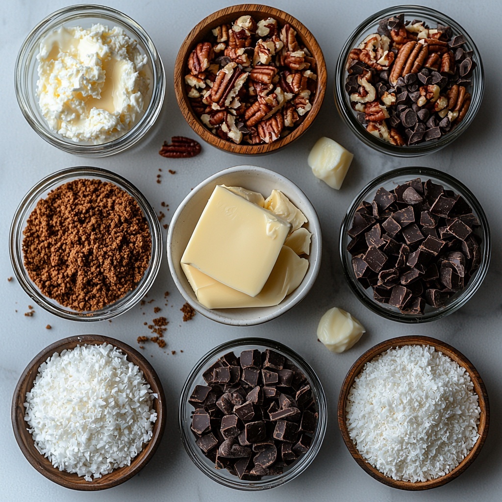 A clean, bright white surface featuring a neatly arranged flat lay of German Chocolate Pie ingredients: a small bowl of golden graham cracker crumbs with crumb texture visible next to a small glass bowl of melted butter glistening under soft light, a spoonful of fine granulated sugar sparkling subtly, a vintage can of sweetened condensed milk partially open showing thick creamy texture, a rustic wooden bowl filled with coarsely chopped pecans highlighting their rich brown, textured surfaces, a small white ramekin piled with fluffy shredded coconut, a small clear bowl with glossy semi-sweet chocolate chips reflecting light, a tiny dish of dark, velvety unsweetened cocoa powder creating a matte contrast, two large fresh brown eggs with smooth shells placed beside a small slab of pale unsalted butter, a teaspoon dish holding amber vanilla extract with a glass dropper, and a pinch bowl of fine white salt crystals shimmering softly. The ingredients are spaced evenly with natural shadows and soft diffused lighting enhancing warm tones and textures, styled with minimal props for an elegant, clean, inviting look. Overhead shot, top down view, flat lay photography, professional food styling --ar 1:1 --q 2 --s 750 --v 6.1