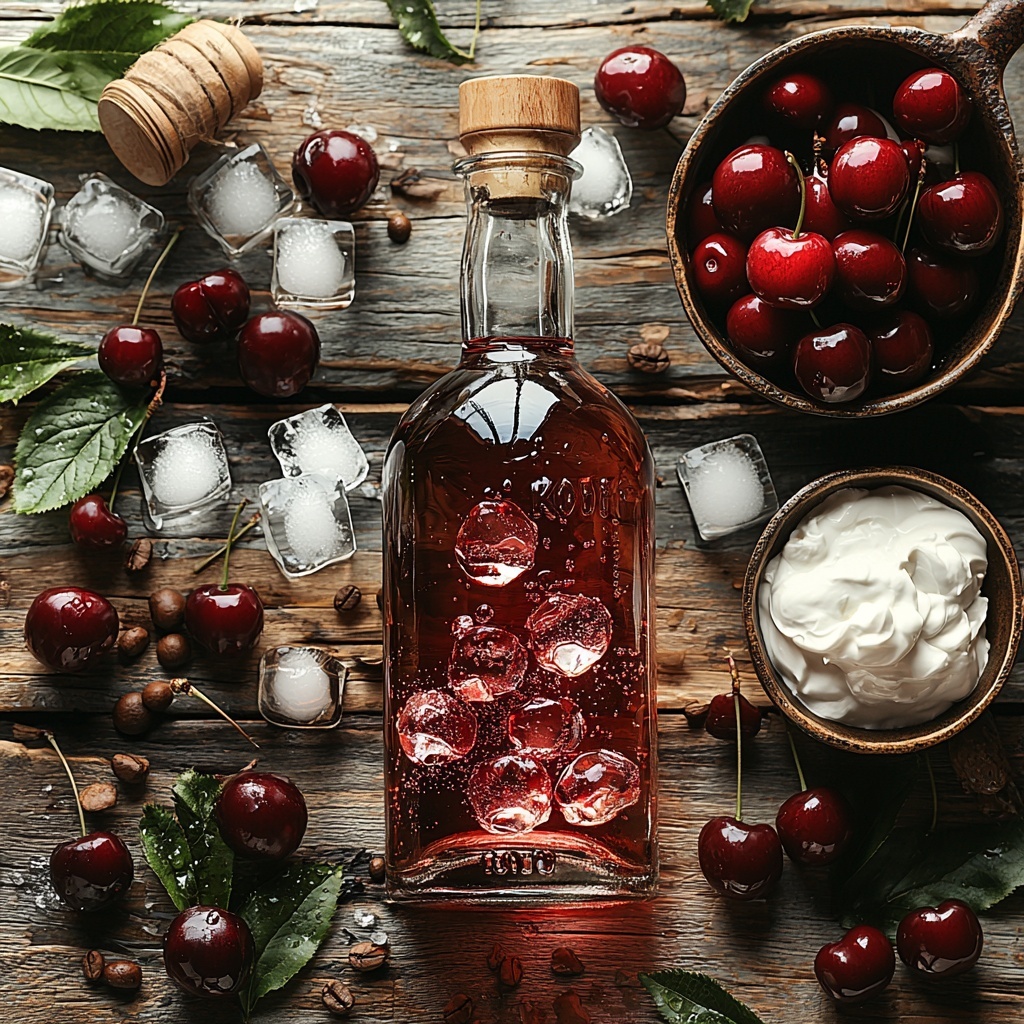vodka bottle with clear glass and transparent liquid, small glass bottle of cherry liqueur with deep red liquid, dark brown Kahlúa coffee liqueur bottle, small bowl of thick white heavy cream, scattered irregular ice cubes with frosty texture, fresh ripe cherries with bright red skin and green stems, all ingredients neatly arranged on a clean, light wooden surface with soft natural lighting, minimal shadows, subtle reflections on glass bottles, slight condensation on cold items, balanced composition with colors contrasting beautifully — overhead shot, top down view, flat lay photography, professional food styling --ar 1:1 --q 2 --s 750 --v 6.1