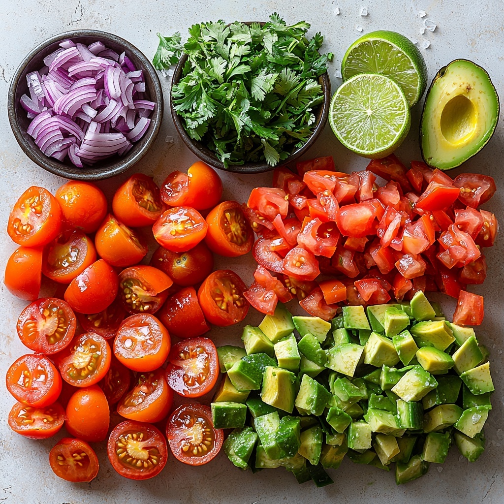 A bright and vibrant flat lay of fresh ingredients for avocado salsa arranged neatly on a clean white marble surface. Two ripe avocados diced into creamy pale green chunks placed alongside a cup of juicy, deep red Roma tomatoes diced into small cubes. A small bowl of finely chopped crisp red onion with its purple hues, and a smaller dish holding a chopped green jalapeño, seeds removed for mild heat. Fresh bright green cilantro leaves roughly chopped, scattered lightly for texture and color contrast. A halved lime with its glossy, juicy interior exposed, next to a small bowl of coarse sea salt. The ingredients are spaced evenly with natural daylight casting soft shadows, highlighting the smooth creamy texture of the avocado, the vibrant red tomatoes, and the fresh green herbs, all styled with minimalistic elegance. Overhead shot, top down view, flat lay photography, professional food styling --ar 1:1 --q 2 --s 750 --v 6.1
