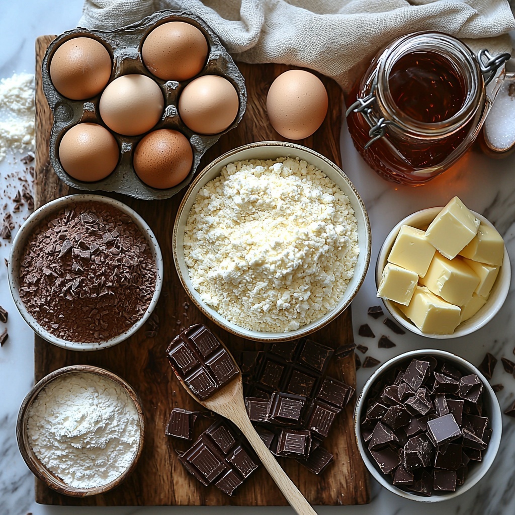 all-purpose flour in a small ceramic bowl with a wooden spoon, Dutch-process cocoa powder in a vintage tin scoop, a heap of light brown sugar and granulated white sugar side by side in glass ramekins, softened unsalted butter on a rustic wooden board showing creamy texture, two fresh egg yolks in a clear glass bowl reflecting warm yellow tones, vanilla extract bottle with amber liquid and a small measuring spoon, sea salt and baking powder in delicate white porcelain spoons, finely chopped dark chocolate with visible cherry pieces scattered artfully on parchment paper, a small glass pitcher of heavy cream with smooth glossy surface, vibrant red cherry preserves in an open jar with a silver spoon inside, all ingredients arranged neatly on a clean, matte white surface with natural daylight casting soft shadows, wood texture props and a light linen napkin adding subtle warmth and contrast, vibrant colors from rich brown cocoa, creamy yellows, and deep reds providing visual harmony, overhead shot, top down view, flat lay photography, professional food styling --ar 1:1 --q 2 --s 750 --v 6.1