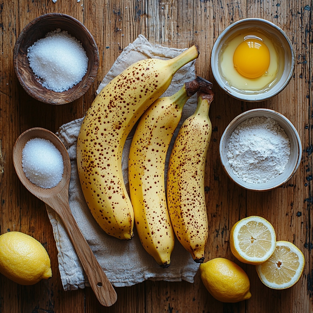 A clean, light wooden surface with all main ingredients for banana bread with lemon glaze neatly arranged in a visually balanced flat lay: three ripe bananas with rich yellow skins and brown speckles, a small glass bowl of melted golden butter, a vintage teaspoon holding fine white baking soda, a small pinch of coarse salt crystals on a ceramic spoon, a rustic bowl filled with granulated white sugar, a cracked large egg with vibrant yellow yolk in a white ramekin, a small glass dish with clear vanilla extract, a tiny bowl of fresh lemon juice with bright pale yellow liquid, a measuring cup filled with light beige all-purpose flour, and a delicate white bowl holding powdered sugar; next to it, a twig of fresh lemon zest with bright yellow curls for texture and color contrast. Each element spaced evenly with natural soft lighting highlighting the textures—the smoothness of the bananas, the powdery flour, and the glossy lemon juice—styled with minimal rustic props like a linen napkin and wooden spoons to add warmth. Shadows are soft to maintain a clean, inviting atmosphere. Overhead shot, top down view, flat lay photography, professional food styling --ar 1:1 --q 2 --s 750 --v 6.1