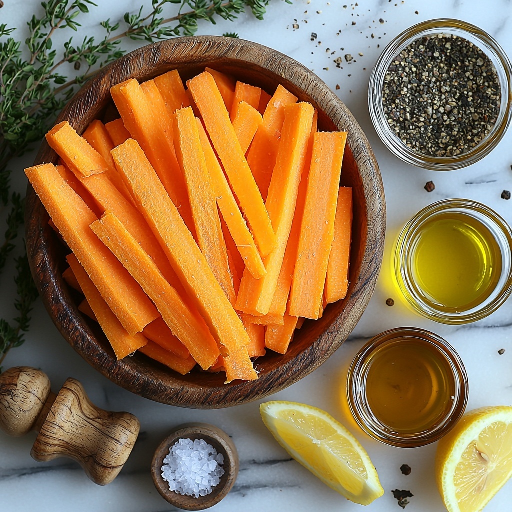 a clean white marble surface with peeled orange carrot sticks neatly arranged in a wooden bowl and some loose sticks fanned out beside it, small glass bowls holding golden olive oil, amber maple syrup, and smooth pale yellow Dijon mustard placed in a neat row, a small rustic salt cellar with coarse salt crystals next to a pepper grinder, fresh sprigs of bright green thyme and parsley scattered artfully around, vibrant yellow lemon wedges with visible juicy texture arranged in a semi-circle, warm natural light casting soft shadows highlighting the rich colors and varied textures, minimalistic styling with subtle rustic accents and a balanced composition emphasizing freshness and simplicity, overhead shot, top down view, flat lay photography, professional food styling --ar 1:1 --q 2 --s 750 --v 6.1