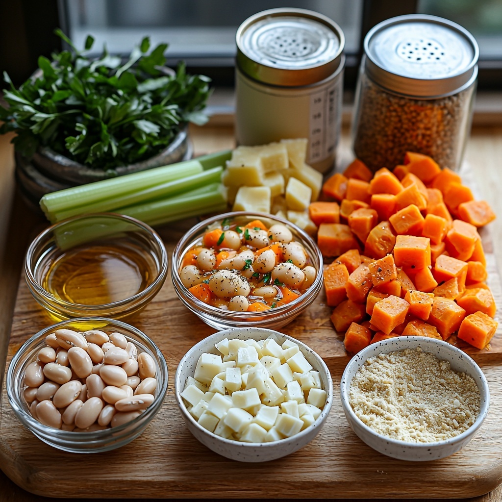 A clean, light wooden surface displaying an artful flat lay of ingredients for sausage and bean soup: a small glass bowl of golden olive oil, a heap of diced bright yellow onion, vibrant diced orange carrots, fresh pale green celery ribs cut into small pieces, two cloves of peeled garlic finely minced on a white ceramic dish, a small spoonful of rich red tomato paste, scattered dried Italian seasoning herbs, rustic ground cumin in a tiny bowl, a pinch of smoky reddish-brown smoked paprika, and coarse black peppercorns nearby; a measuring cup filled with creamy white milk, a small mound of pure white cornstarch powder on a matte plate, plump white cannellini beans rinsed and glistening, sliced rounds of cooked chicken sausage with browned edges arranged neatly on a wooden board, two gleaming silver cans empty and clean as props, a single fresh green bay leaf placed artistically beside the spices, and a small bowl of finely grated Parmesan cheese with a subtle off-white hue; balanced composition with contrasting colors and textures—smooth liquids, diced crisp vegetables, powders, and meat rounds on a minimalist background; soft natural light casting gentle shadows enhancing the freshness and inviting homestyle warmth; overhead shot, top down view, flat lay photography, professional food styling --ar 1:1 --q 2 --s 750 --v 6.1