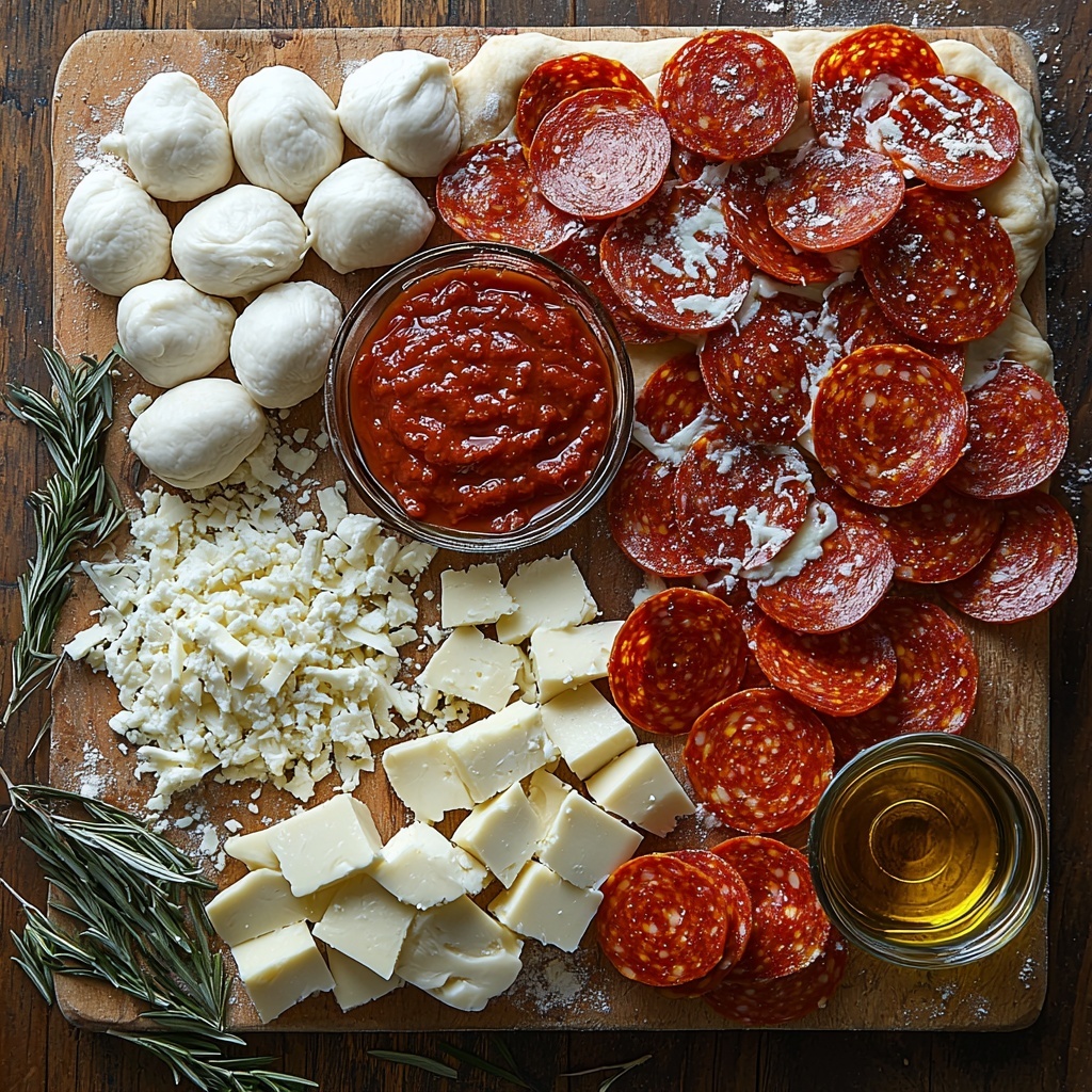 A clean, light wooden surface neatly arranged with all main ingredients for a stuffed crust pepperoni pizza: a small rustic bowl filled with bright red pizza sauce showing smooth texture, a scattered pile of shiny, round turkey or beef pepperoni slices with deep reddish hues and slight gloss, several whole mozzarella cheese sticks with a creamy white, slightly glossy appearance placed parallel near a dusting of white flour, a small mound of shredded mozzarella cheese showcasing fluffy, soft texture and bright white color, a portion of fresh pizza dough rolled into a smooth, pale beige circle dusted lightly with flour, and a small glass bowl of golden olive oil catching soft light. The ingredients are spaced evenly to highlight their contrasting colors and textures—deep reds, creamy whites, warm dough tones—styled with minimal shadows and natural daylight to evoke freshness and warmth. The composition is casual but balanced, emphasizing the quality and inviting nature of each component for pizza making. Overhead shot, top down view, flat lay photography, professional food styling --ar 1:1 --q 2 --s 750 --v 6.1
