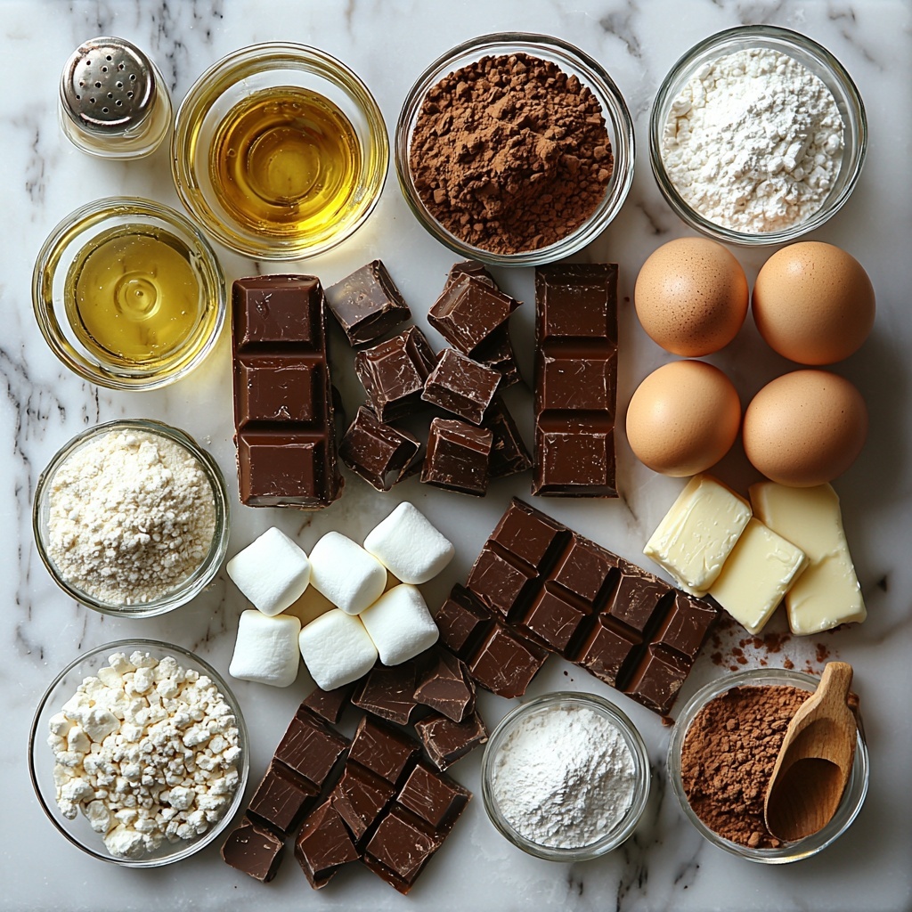 A clean white marble surface with all the main ingredients for Mississippi Mud Pie Brownies artfully arranged in a balanced flat lay: a small glass bowl of melted golden unsalted butter, a measuring cup filled with sparkling white granulated sugar, a small clear bowl of light yellow canola oil, a glass jar of rich amber vanilla extract, five fresh large brown eggs placed neatly in a line, a small pile of fine, white all-purpose flour dusted lightly nearby, a heap of deep brown Dutch-process cocoa powder with a velvety texture, chunks of glossy dark and milk chocolate stacked casually, a generous mound of fluffy white mini marshmallows, a slab of salted butter with visible creamy texture, a bowl of pure white powdered sugar lightly sifted with soft shadows, a small bowl of smooth unsweetened cocoa powder, a small glass of creamy whole milk, and a tiny vintage bottle of vanilla extract. The ingredients are spaced evenly with natural, soft daylight highlighting the contrast between the matte powders and shiny butter and chocolate, styled with wooden spoons, delicate linen napkins, and gentle shadows to create depth. The colors range from warm golden yellows, rich browns, bright whites, and subtle creamy tones, all crisply focused with clean edges and minimal clutter for a fresh and inviting look. overhead shot, top down view, flat lay photography, professional food styling --ar 1:1 --q 2 --s 750 --v 6.1