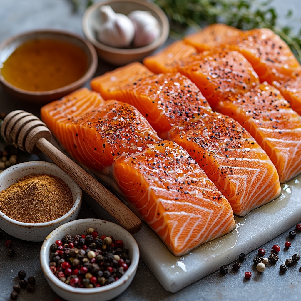 Smoked paprika in a small rustic ceramic bowl with deep red powder, chipotle chili powder in a tiny white bowl with rich reddish-brown tones, garlic powder and onion powder each in separate clear glass bowls showing fine beige powders, coarse sea salt and freshly cracked black pepper flakes scattered artistically on the surface. A small wooden spoon drizzled with golden sticky honey next to a vintage spoon holding whole grain mustard with visible mustard seeds. Six raw salmon fillets with vibrant pink-orange flesh, neatly arranged in a fan shape on a clean white marble surface, sprinkled lightly with salt and pepper. Fresh green thyme sprigs casually placed around the salmon and bowls, adding pops of verdant color. Soft natural light casting gentle shadows, emphasizing varied textures of powders, glossy honey, and tender fish flesh. Minimalist styling with subtle rustic elements, clean and bright aesthetic, overhead shot, top down view, flat lay photography, professional food styling --ar 1:1 --q 2 --s 750 --v 6.1