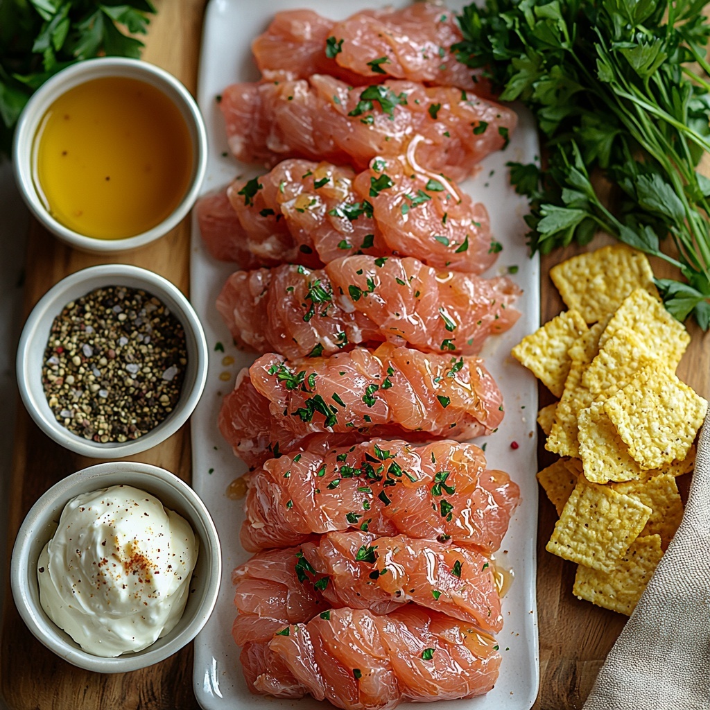 Cornflakes in a small rustic bowl, crushed and golden with flaky texture; five raw chicken tenderloins with a light pink hue, neatly arranged on a white ceramic plate; a small glass bowl of glossy honey with amber tones; a dollop of pale yellow Dijon mustard in a white porcelain spoon; a creamy mixture of mayonnaise and sour cream in a simple clear bowl, smooth and thick, sprinkled with black pepper and sea salt nearby in tiny white ceramic dishes; vibrant smoked paprika powder in a small wooden scoop, rich reddish-orange color; fresh chopped parsley bright green and finely chopped on a wooden cutting board; ingredients spread evenly on a clean, matte white surface; natural soft daylight illuminating the textures and colors, minimal shadows, styled with rustic linen napkin partially visible, warm and inviting mood, overhead shot, top down view, flat lay photography, professional food styling --ar 1:1 --q 2 --s 750 --v 6.1