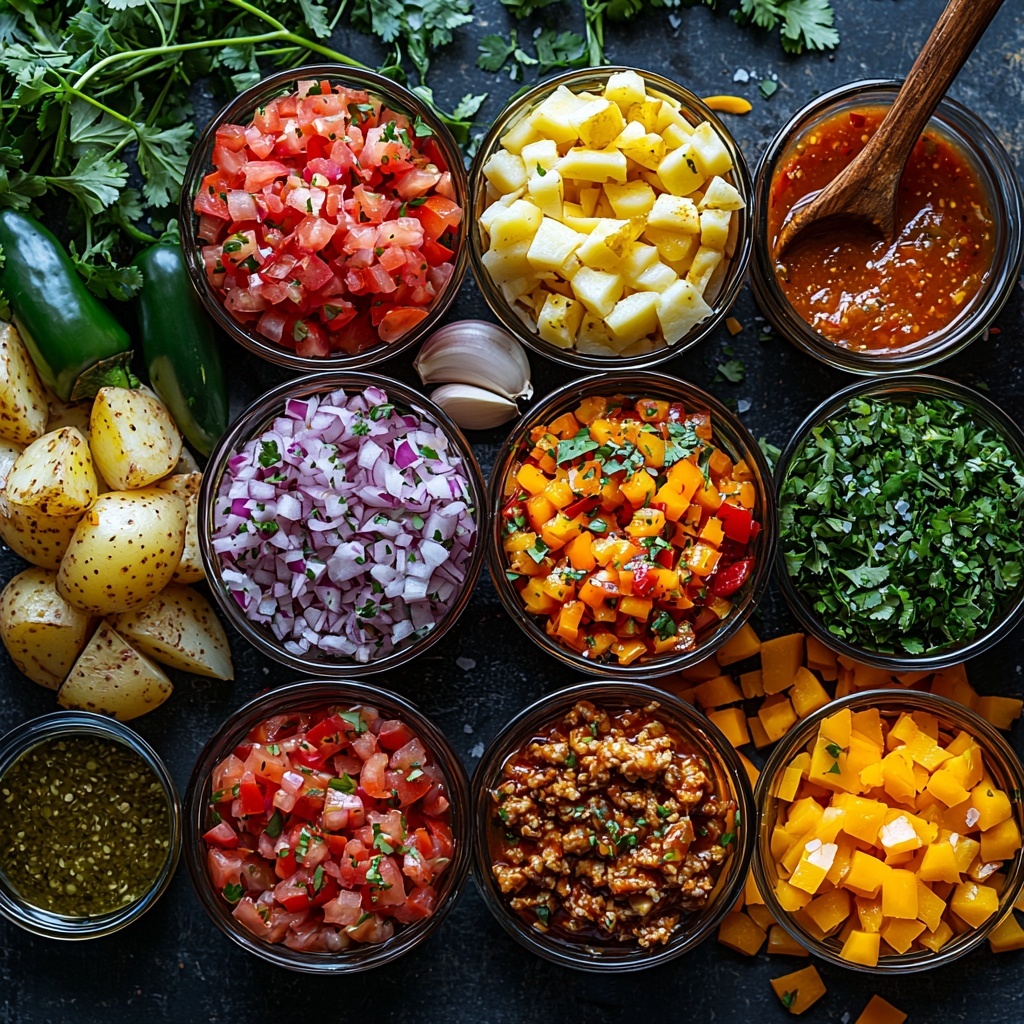 olive oil in a small glass bowl with a golden sheen, three cloves of garlic minced finely scattered nearby, a small heap of very finely diced yellow onion with pale translucent pieces, vibrant diced green and red bell peppers arranged side by side showcasing their crisp texture and bright colors, a fresh bunch of finely chopped cilantro with deep green leaves, a finely diced jalapeno pepper with red seeds removed, a small can partially opened showing diced green chiles with a glossy green appearance, raw lean ground chicken shaped loosely on parchment paper with soft pink tones, a small wooden spoon holding ground cumin powder with warm earthy brown color, a sprinkle of coarse salt crystals and scattered freshly ground black peppercorns on the surface, a bowl of diced gold potatoes with rich golden yellows and rough edges, a pinch of garlic powder powder dusted next to the potatoes, a small ramekin with vibrant reddish salsa or enchilada sauce glistening, a neat stack of soft burrito-sized tortillas with a warm beige color and light flour dusting, a generous pile of shredded Mexican blend cheese displaying a mixture of white, yellow, and orange strands, all items carefully spaced and arranged on a clean, matte white surface with natural light highlighting textures and shadows, fresh and inviting, styled with rustic wooden utensils and minimal green leaves as accents, overhead shot, top down view, flat lay photography, professional food styling --ar 1:1 --q 2 --s 750 --v 6.1