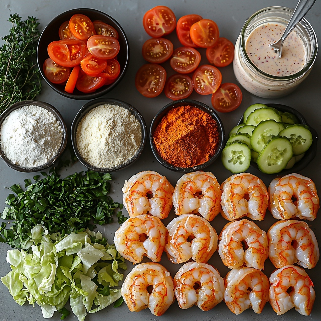 Shrimp Po’ Boy Sliders ingredients flat lay on a clean white surface: large peeled and deveined raw shrimp arranged neatly near a small bowl of creamy buttermilk, piles of all-purpose flour and golden cornmeal in separate rustic ceramic bowls sprinkled with paprika, garlic powder, onion powder, cayenne pepper, salt, and pepper arranged in small white spoons around them; bright green shredded lettuce loosely scattered beside ripe, juicy red tomato slices and crisp green pickle slices fanned out; a small glass jar of pale pink remoulade sauce with a spoon resting inside; six soft slider rolls lined up in a row, their golden-brown toasted tops facing up; warm vegetable oil shimmering in a small metal saucepan placed to one side; natural light highlighting the varied textures—the delicate shrimp, coarse cornmeal, fluffy flour, fresh veggies, and glossy sauce—with subtle shadows adding depth; minimalist styling with a few fresh herb sprigs for color contrast, all arranged symmetrically and uncluttered for maximum visual appeal, overhead shot, top down view, flat lay photography, professional food styling --ar 1:1 --q 2 --s 750 --v 6.1