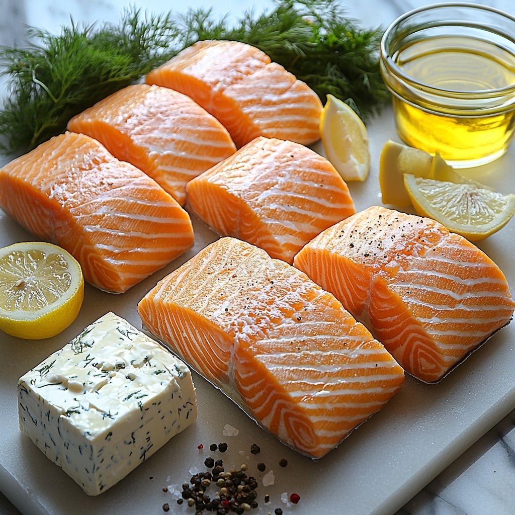 A clean white marble surface with ingredients arranged neatly for a Baked Boursin Salmon recipe: four fresh, pink-orange salmon fillets with visible marbling, a small open package of creamy white Boursin cheese with soft herb flecks, a glass bowl of golden olive oil glistening in the light, a small clear dish of bright yellow lemon juice, coarse salt and cracked black pepper scattered lightly nearby, a bunch of vibrant green fresh dill and parsley sprigs with delicate leaves, and a few sliced lemon wedges showing juicy, bright yellow flesh. Soft natural light highlights the varied textures—the smooth salmon skin, creamy cheese, glossy oil, and fresh herbs—while subtle shadows add depth. The ingredients are spaced evenly with some overlapping for interest, styled with a minimalistic and fresh aesthetic, emphasizing vivid colors and inviting freshness. Overhead shot, top down view, flat lay photography, professional food styling --ar 1:1 --q 2 --s 750 --v 6.1
