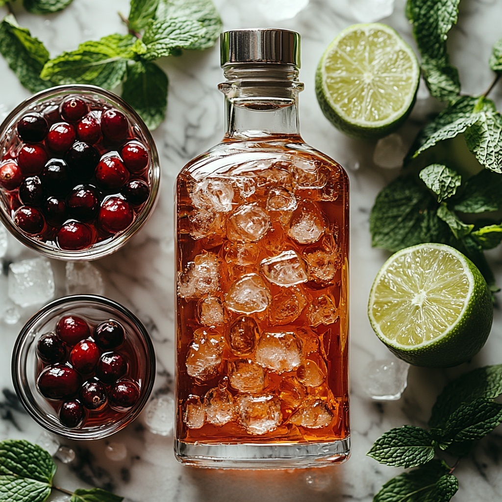 High-quality vodka bottle (clear glass with elegant label), small glass bowl of orange flavored liqueur with amber liquid, a measuring jigger filled with deep red cranberry juice cocktail, fresh halved lime showing bright green flesh alongside a few lime slices for garnish, scattered small clear ice cubes with frosty texture, all arranged neatly on a clean white marble surface. The ingredients are spaced evenly with natural light casting soft shadows, emphasizing vibrant colors and glossy textures. Minimalist styling with a small stainless steel cocktail shaker partially visible at the edge, a couple of fresh mint leaves for subtle freshness contrast. Overhead shot, top down view, flat lay photography, professional food styling --ar 1:1 --q 2 --s 750 --v 6.1