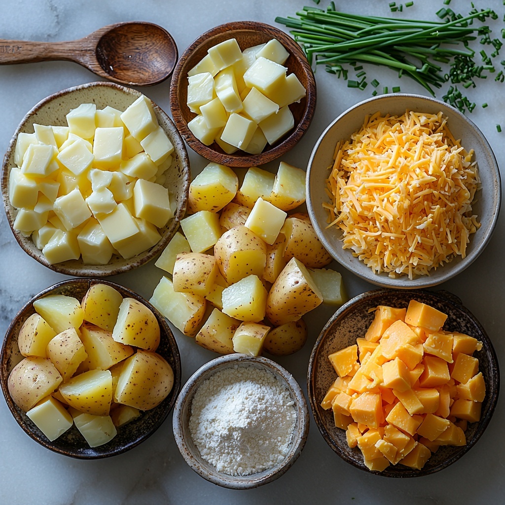 Yukon Golden Potatoes peeled and cut into cubes, small yellow onion diced finely, crisp celery stalk diced, garlic cloves whole and peeled, a small mound of golden unsalted butter, a neat pile of white all-purpose flour, a small vintage bowl of low sodium chicken broth with a rich amber hue, a measuring cup filled with creamy off-white half and half, scattered dried thyme and ground sage beside a single bay leaf, diced pink ham chunks, a generous pile of shredded sharp cheddar cheese with vibrant orange tones, and fresh bright green chives chopped finely for garnish, all carefully arranged with slight spacing on a clean white marble surface that highlights natural textures and colors, soft natural daylight casting gentle shadows for depth, rustic wooden spoon and linen napkin accents placed artfully nearby for warmth and context, emphasis on contrasting textures and warm, inviting tones, overhead shot, top down view, flat lay photography, professional food styling --ar 1:1 --q 2 --s 750 --v 6.1
