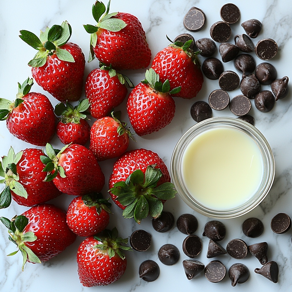 Fresh strawberries with green leafy tops, glossy and bright red, arranged in a loose cluster on a clean white marble surface; next to them, a clear glass bowl filled with smooth, shiny milk chocolate chips reflecting soft light; a small glass ramekin containing a pale, creamy tablespoon of coconut oil placed nearby; scattered chocolate chips and a few whole strawberries artistically placed around for visual balance; soft natural lighting emphasizing the rich reds, deep browns, and creamy white tones; minimal shadows with a sharp focus highlighting the textures of strawberry seeds, glossy chocolate chips, and smooth coconut oil; overall composition neat and inviting with ample negative space for a modern, fresh aesthetic — overhead shot, top down view, flat lay photography, professional food styling --ar 1:1 --q 2 --s 750 --v 6.1