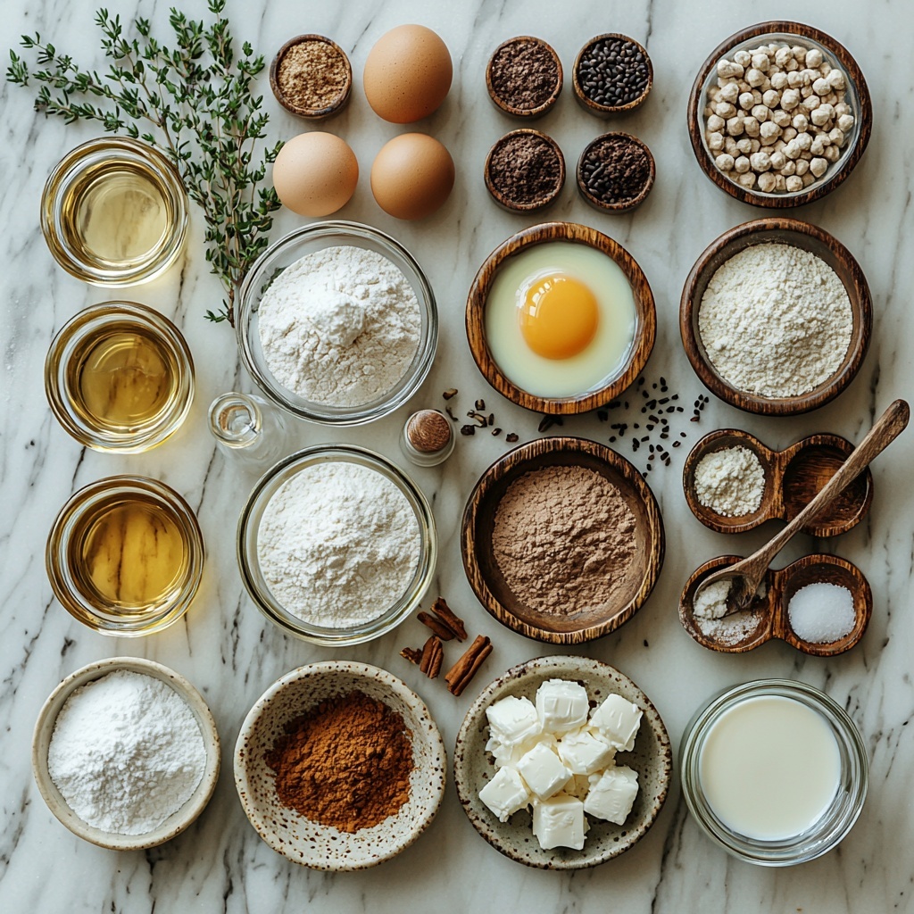 a vibrant flat lay of all the main ingredients for baked cinnamon sugar donuts neatly arranged on a clean white marble surface: a small mound of all-purpose flour on a rustic ceramic plate, a glass bowl filled with light brown sugar showing its moist, caramel texture, a small heap of fine granulated sugar next to a wooden spoon dusted with ground cinnamon, a cracked egg in a tiny clear glass bowl with rich yolk visible, a bowl of creamy plain non-fat yogurt with smooth texture, a small glass measuring cup containing golden vegetable oil, a petite glass pitcher with whole milk, a glass vial of amber vanilla extract, a small bowl of melted butter glistening, and silver measuring spoons holding baking soda, baking powder, and salt arranged neatly in a line; a donut pan with six cavities placed off to one side, natural soft lighting highlighting the warm tones of the sugars and cinnamon, subtle shadows adding depth, minimal green sprigs of fresh thyme for a pop of color, clean and modern styling with a touch of rustic charm, overhead shot, top down view, flat lay photography, professional food styling --ar 1:1 --q 2 --s 750 --v 6.1