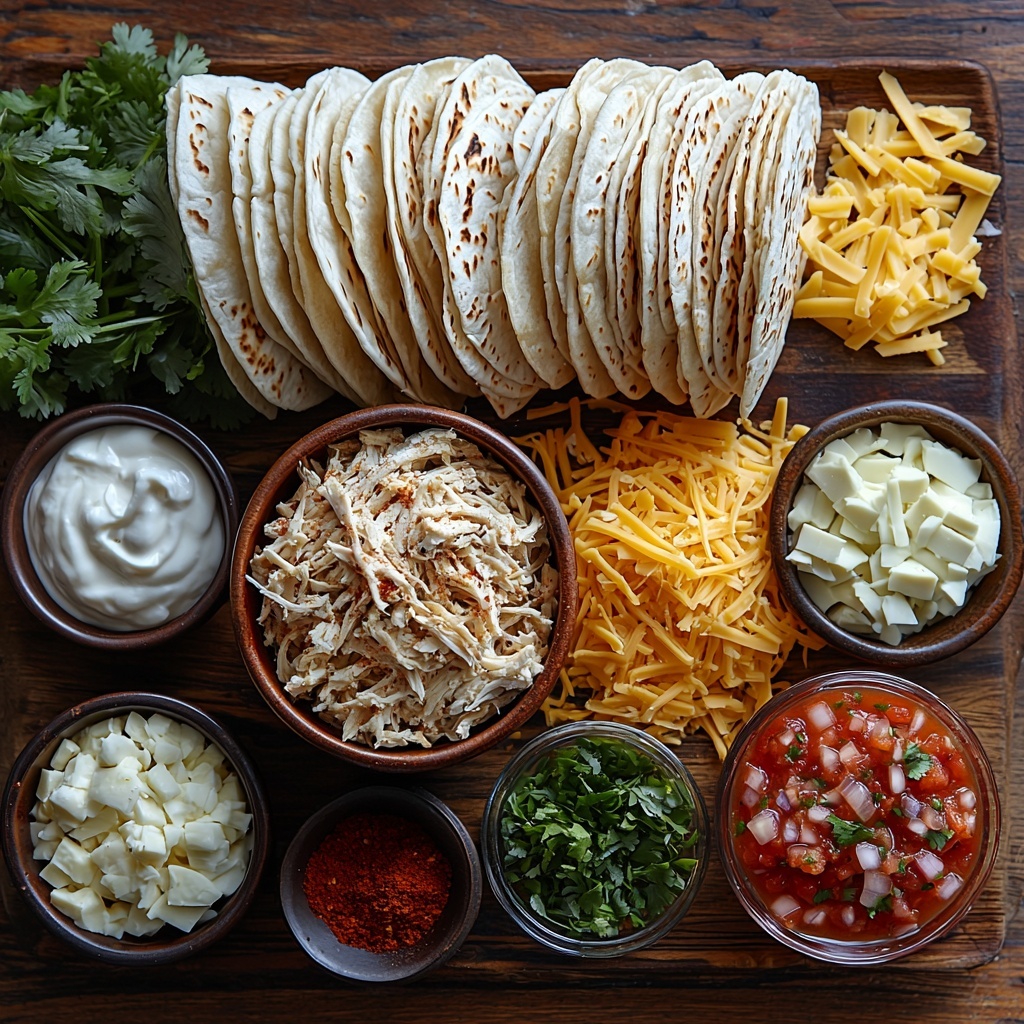 shredded cooked chicken breast in a small rustic bowl, golden shredded cheddar cheese piled in a neat mound, creamy white shredded Monterey Jack cheese beside it, a small glass bowl with chopped translucent onion, a tiny dish of rich olive oil with glossy sheen, vibrant ground spices arranged in small piles: warm reddish-brown cumin, deep rusty chili powder, smoky smoked paprika, pale beige garlic powder, and a pinch of bright red cayenne pepper, coarse salt and dark peppercorns scattered artistically, soft pale flour tortillas stacked in a semi-circle with visible texture, a white ceramic bowl filled with smooth, thick sour cream, a matching bowl of heavy cream showing a silky surface, a small transparent bowl of golden chicken broth, a small colorful bowl of chunky red salsa with hints of green and yellow, fresh sprigs of bright green cilantro arranged with delicate leaves, all placed on a clean, warm-toned wooden surface that contrasts gently with the vibrant colors and varied textures of the ingredients, natural soft lighting highlighting the freshness and richness, shadows softly diffused, minimalistic and elegant styling with no clutter, overhead shot, top down view, flat lay photography, professional food styling --ar 1:1 --q 2 --s 750 --v 6.1