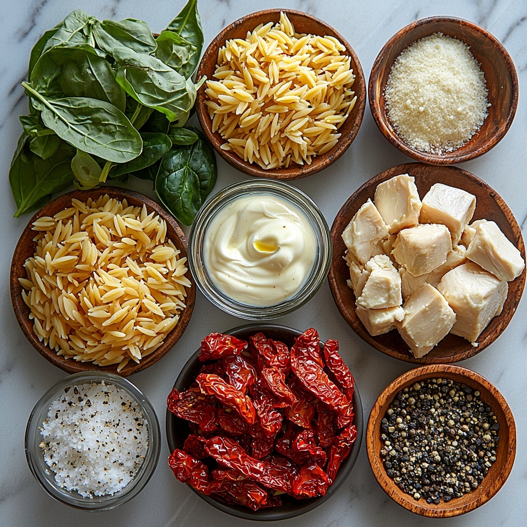 Sun-dried tomatoes drained and glossy with a small pool of their golden oil, minced garlic cloves fresh and white, scattered dried basil leaves deep green, a clear glass measuring cup filled with rich golden chicken broth, a small bowl of pale creamy orzo pasta grains, a smooth cup of thick white heavy whipping cream, chunks of cooked rotisserie chicken with a golden-brown sear, vibrant fresh spinach leaves loosely piled bright and crisp, a small ramekin of finely grated Parmesan cheese pale yellow with a crumbly texture, salt and black pepper in rustic wooden bowls, all arranged neatly on a clean white marble surface with natural soft light highlighting the rich colors and diverse textures, subtle shadows adding depth, minimal rustic props like a wooden spoon and linen napkin casually placed nearby, overhead shot, top down view, flat lay photography, professional food styling --ar 1:1 --q 2 --s 750 --v 6.1