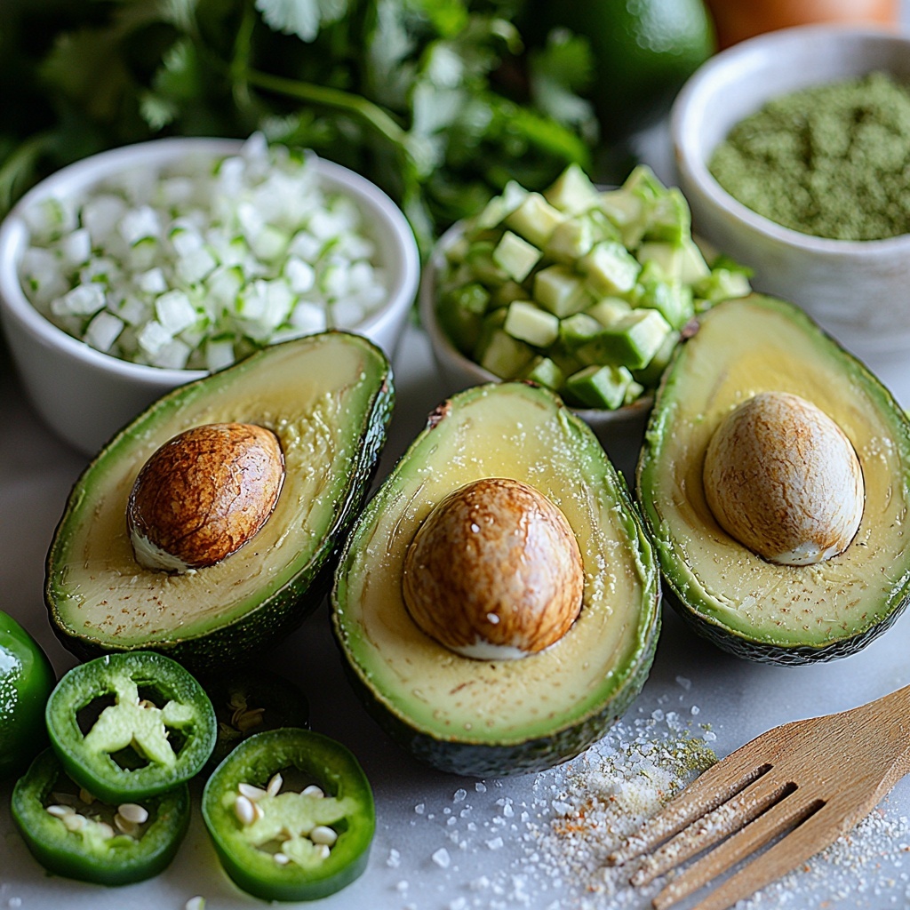 3 ripe avocados halved and peeled showing vibrant green flesh and creamy texture, small white bowl with finely diced white onion, a tight bundle of fresh cilantro leaves with bright green color, small dish of finely diced green jalapeno without seeds, wedge of fresh lime with bright yellow-green skin and juicy pulp, small mound of coarse salt crystals, scattering of pale beige garlic powder, all ingredients neatly arranged on a clean white marble surface with subtle natural light casting soft shadows, textures highlighted – smooth avocado flesh, crisp onion pieces, leafy cilantro, and fine powders contrasting beautifully, a rustic wooden fork placed casually beside the avocados, minimalistic styling emphasizing freshness and color contrast, overhead shot, top down view, flat lay photography, professional food styling --ar 1:1 --q 2 --s 750 --v 6.1