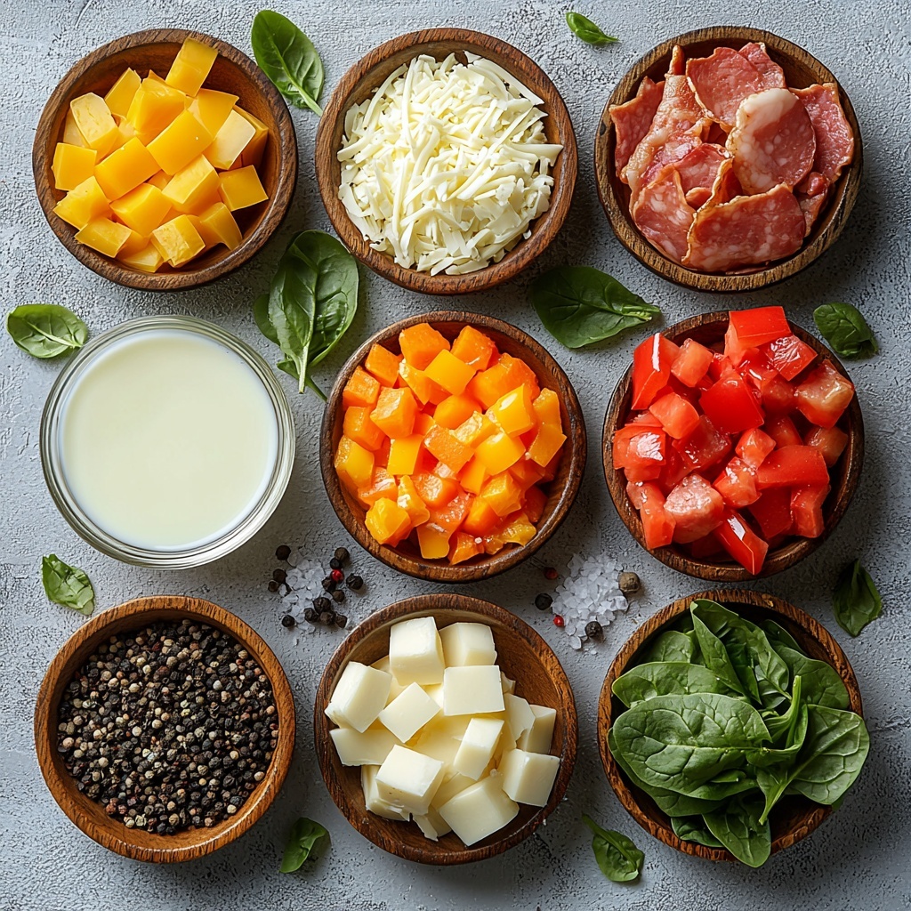 A clean white surface with all the main ingredients for mini breakfast muffins neatly arranged in separate small bowls and loose elements artfully scattered around: two fresh whole eggs with smooth, glossy brown shells; a small glass bowl of creamy white milk; a vibrant mix of diced vegetables including red and yellow bell peppers, finely chopped white onions, and dark green spinach leaves showing fresh texture; a small heap of pale yellow shredded cheese with a soft, delicate texture; a rustic pile of cooked sausage or crispy bacon pieces with rich golden-brown tones; small wooden bowls of coarse salt crystals and cracked black peppercorns adding texture and contrast. The ingredients are arranged symmetrically with careful spacing and natural lighting that highlights the vivid colors and varied textures. A few sprigs of fresh green herbs scattered subtly for visual interest. The scene is styled with minimal props, soft shadows, and a bright, airy atmosphere emphasizing freshness and simplicity. Overhead shot, top down view, flat lay photography, professional food styling --ar 1:1 --q 2 --s 750 --v 6.1