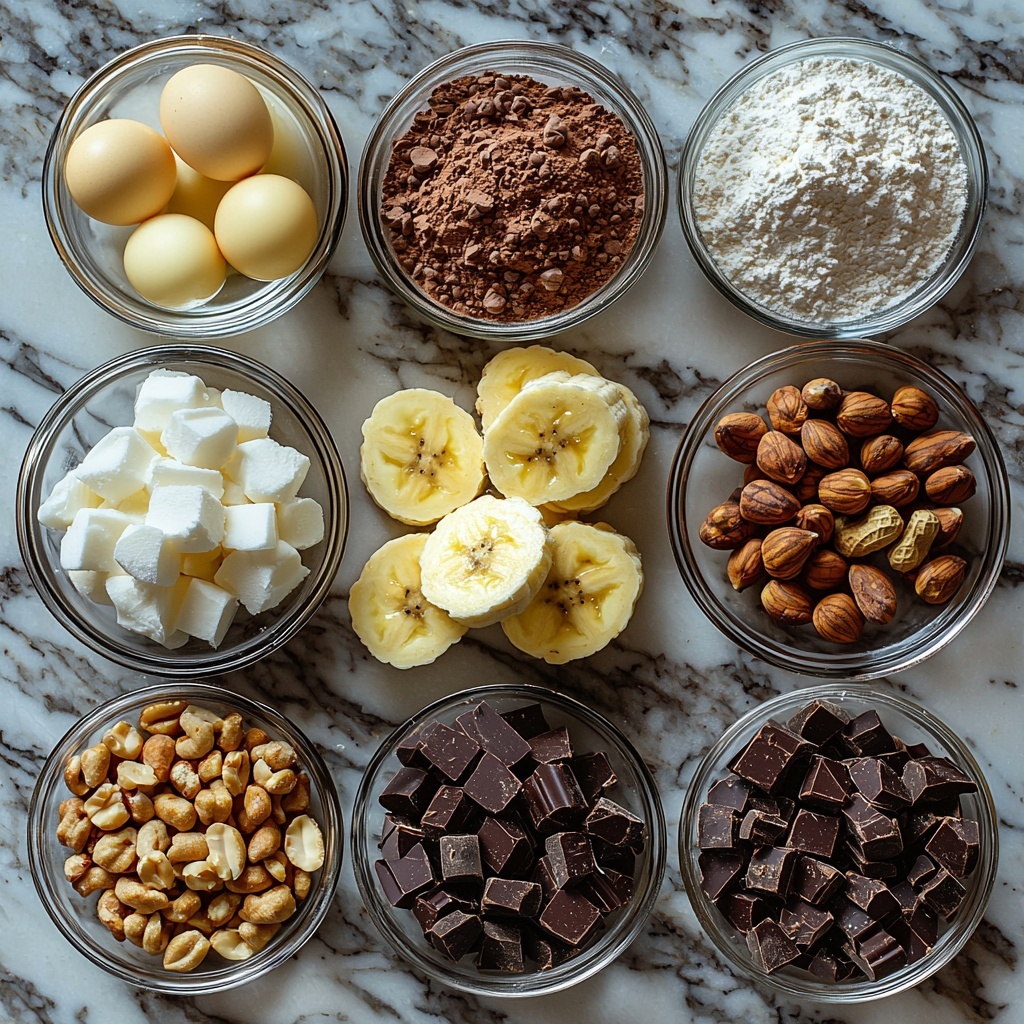 A clean, bright surface with main ingredients arranged neatly for a flat lay photo: a small bowl of melted golden unsalted butter shimmering under soft light, a glass jar of fine white granulated sugar next to three large, smooth brown eggs, a small glass bowl filled with rich, dark brown unsweetened cocoa powder, a mound of pale beige all-purpose flour with a delicate dusting texture nearby, a rustic teaspoon holding fine white salt and another with baking powder, three to four ripe bananas sliced lengthwise showing their creamy yellow flesh, a clear bowl of glossy semi-sweet chocolate chips reflecting light, a small dish of golden coconut oil or butter chunks, a scattering of crushed peanuts and walnuts with varied textures and warm nutty tones, small flakes of sparkling sea salt, a small bowl of rich, glossy melted chocolate for drizzle, and a tiny dish of colorful sprinkles adding playful pops of color. All ingredients spaced thoughtfully with natural shadows, soft diffused lighting highlighting textures and freshness, minimalistic style with subtle wooden or marble background accents, overhead shot, top down view, flat lay photography, professional food styling --ar 1:1 --q 2 --s 750 --v 6.1