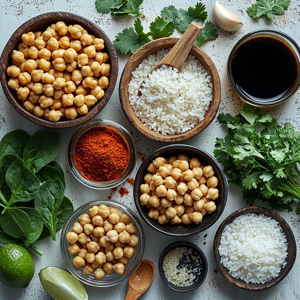 avocado oil in a small glass jar, two cloves of garlic minced with a small knife beside them, a spoonful of rich brown sugar spilling gently onto a clean white surface, a small bowl of vibrant red curry paste with a rustic wooden spoon resting inside, a can of creamy full-fat coconut milk opened with smooth white liquid visible, a small dish of dark soy sauce with glossy reflections, a bowl of pale beige chickpeas drained and rinsed, fresh chopped bright green spinach scattered loosely, a small bunch of fresh cilantro with delicate leaves, a heap of uncooked jasmine rice grains sparkling white and slightly translucent, all neatly arranged on a pristine light wood or white marble surface with soft natural light casting gentle shadows, a few curry leaves or lime wedges artfully placed for color contrast and textural interest, clean and minimalistic styling emphasizing fresh ingredients and vibrant colors, overhead shot, top down view, flat lay photography, professional food styling --ar 1:1 --q 2 --s 750 --v 6.1